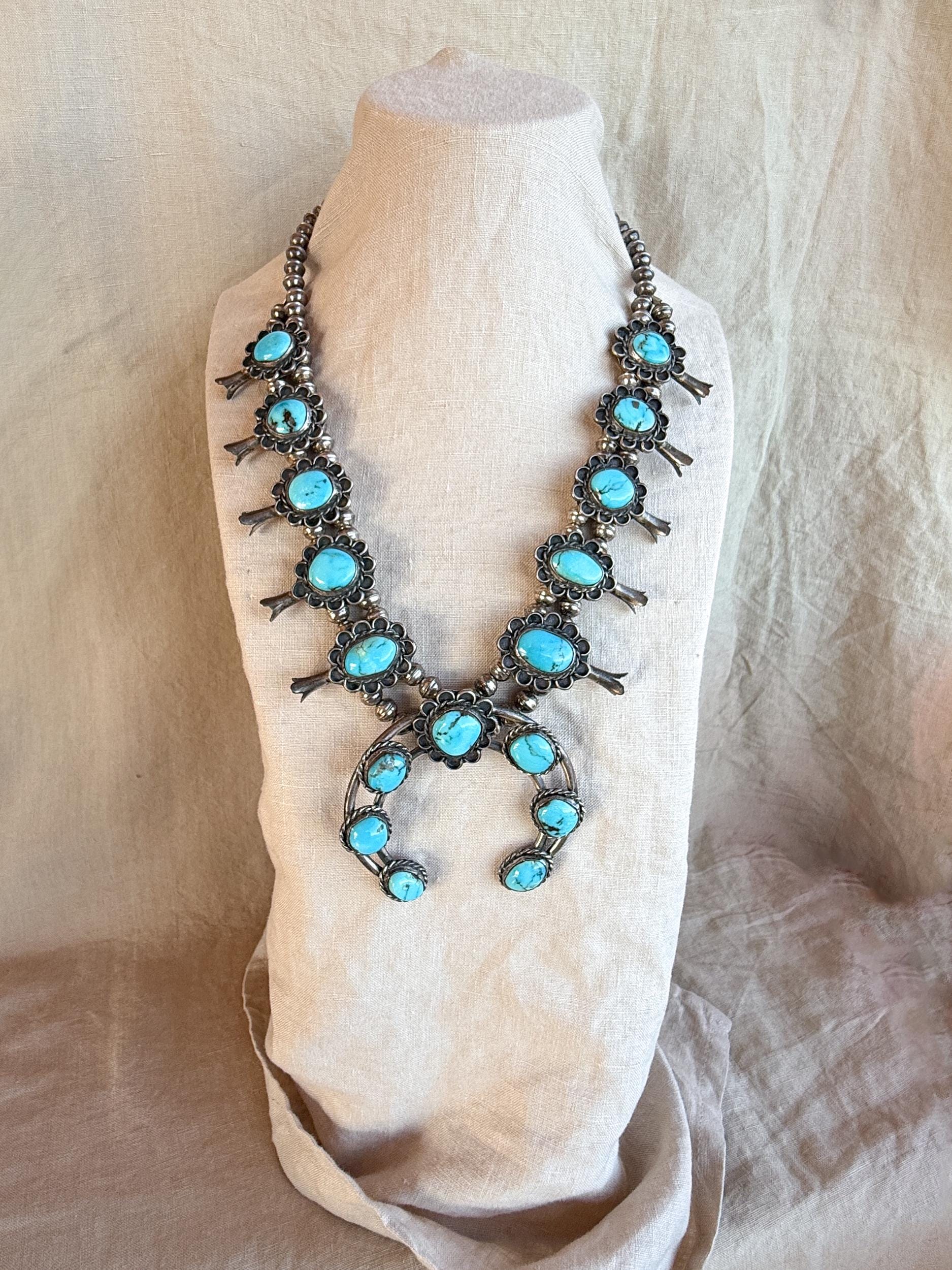 Vintage Turquoise Necklace in Sterling Silver, Squash Blossom Naja Pendant, Southwestern Necklace