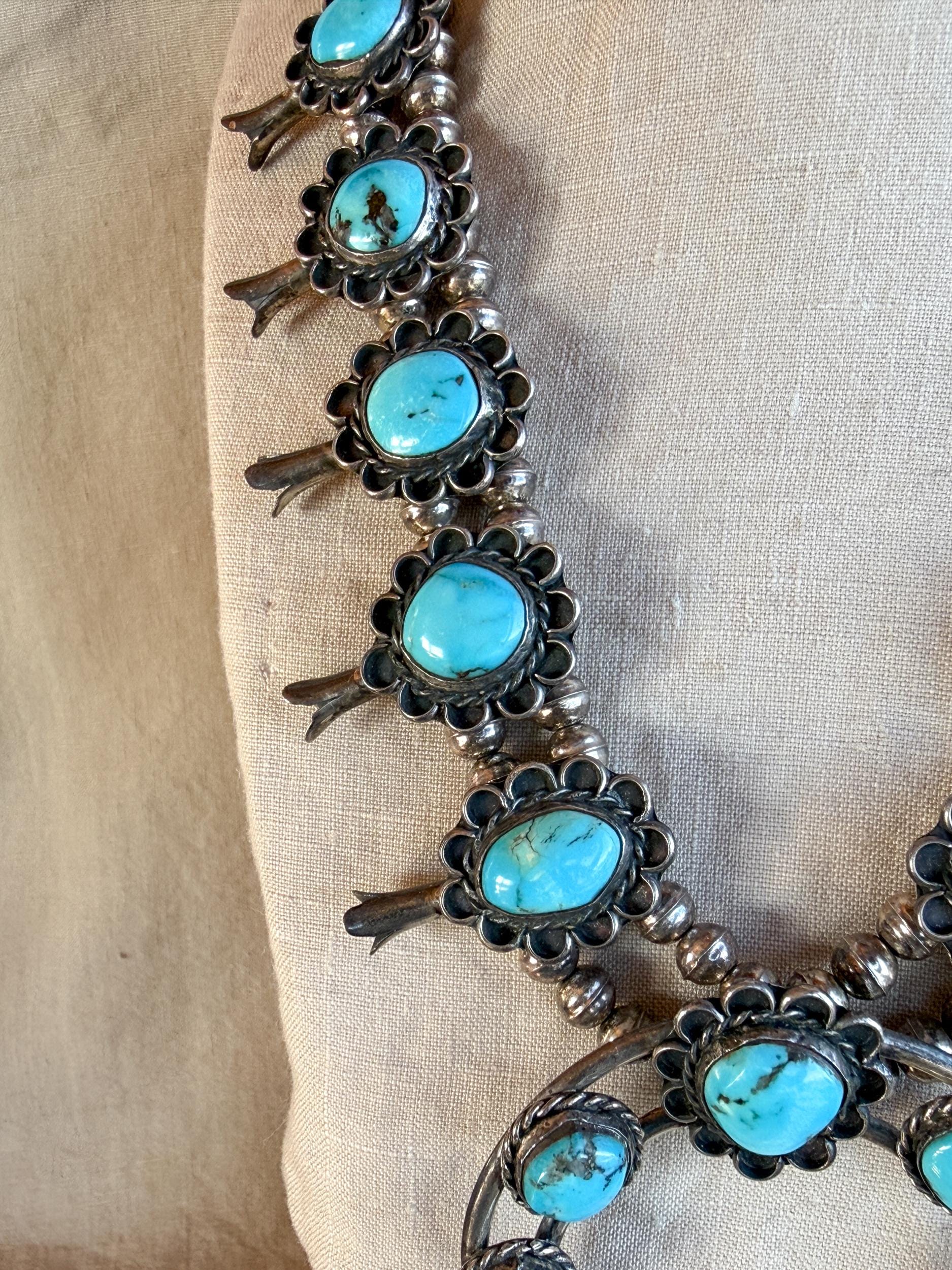 Vintage Turquoise Necklace in Sterling Silver, Squash Blossom Naja Pendant, Southwestern Necklace