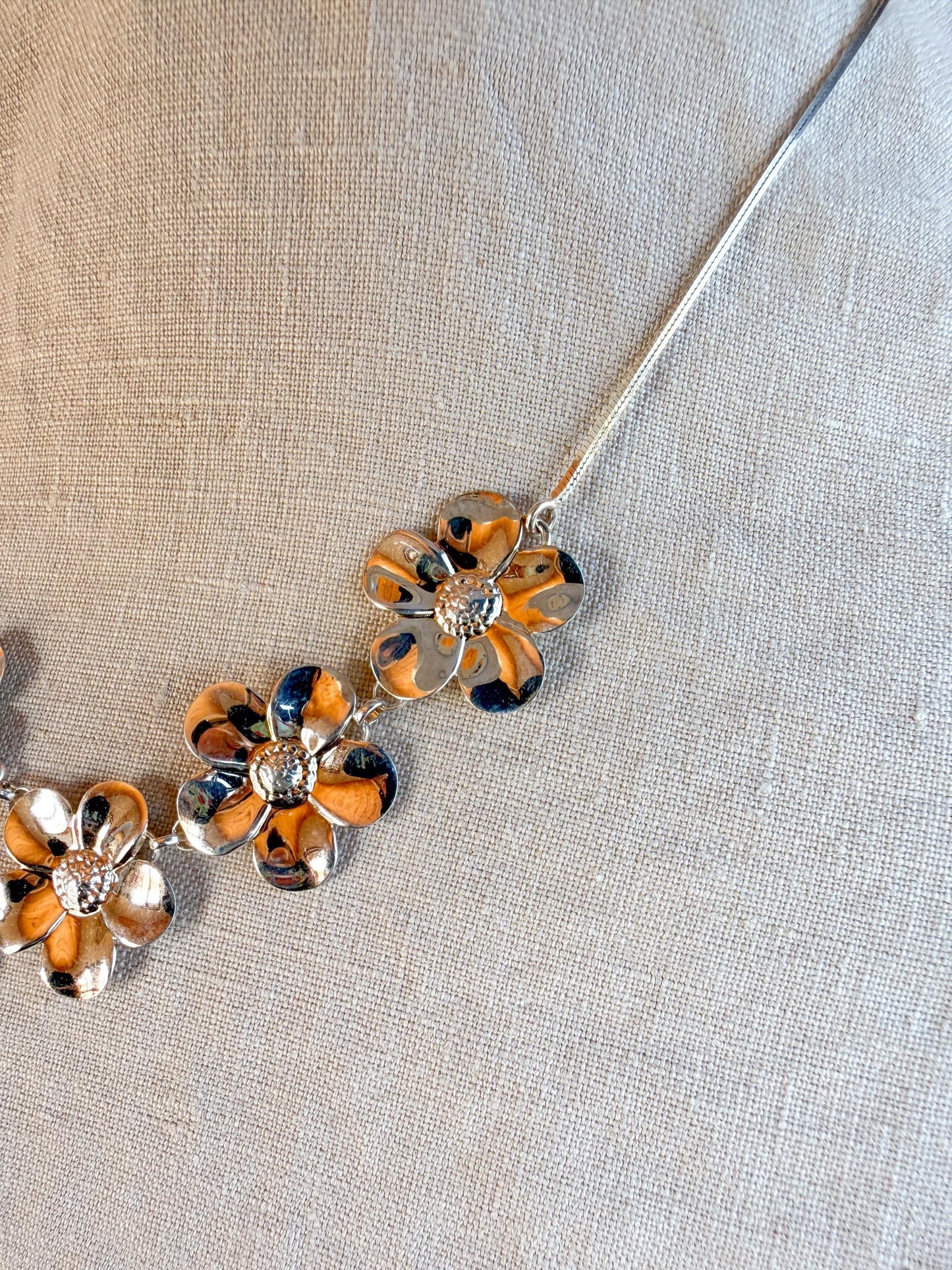 Vintage 1990s Floral Collar Bib Necklace in Sterling Silver