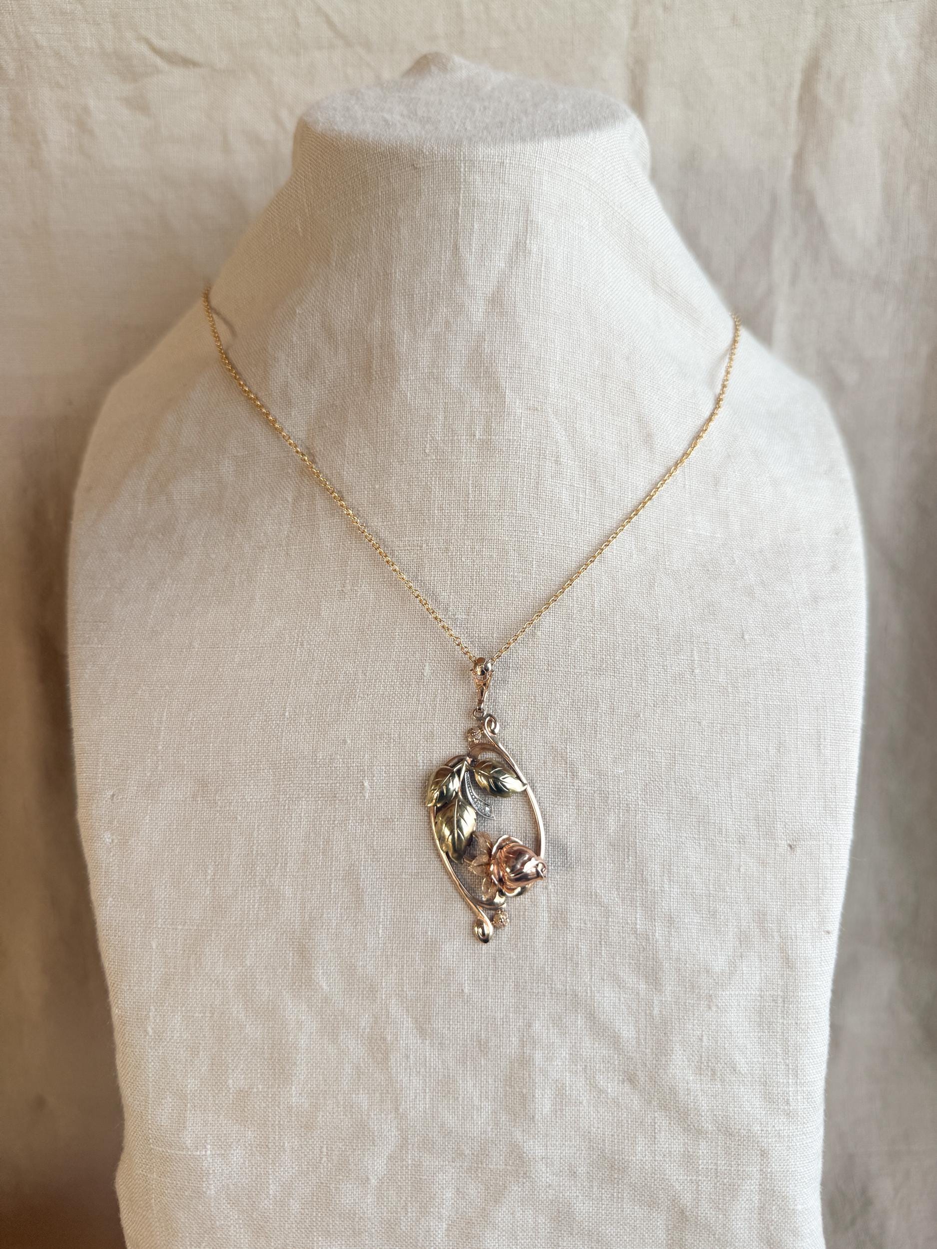 Antique 1920s Art Nouveau Diamond Rose Pendant in 10k Gold