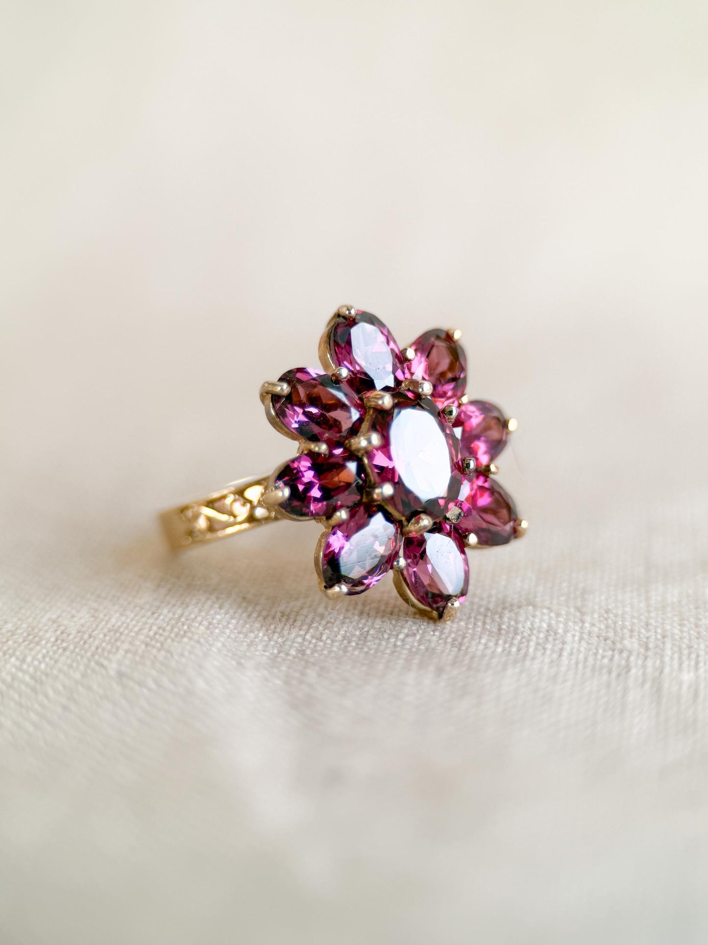 Vintage 1990s Rhodolite Garnet Cluster Ring in 10k Gold