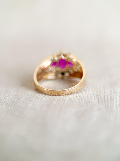 Vintage 1990s Three Stone Ruby & Diamond Ring, 10k Gold