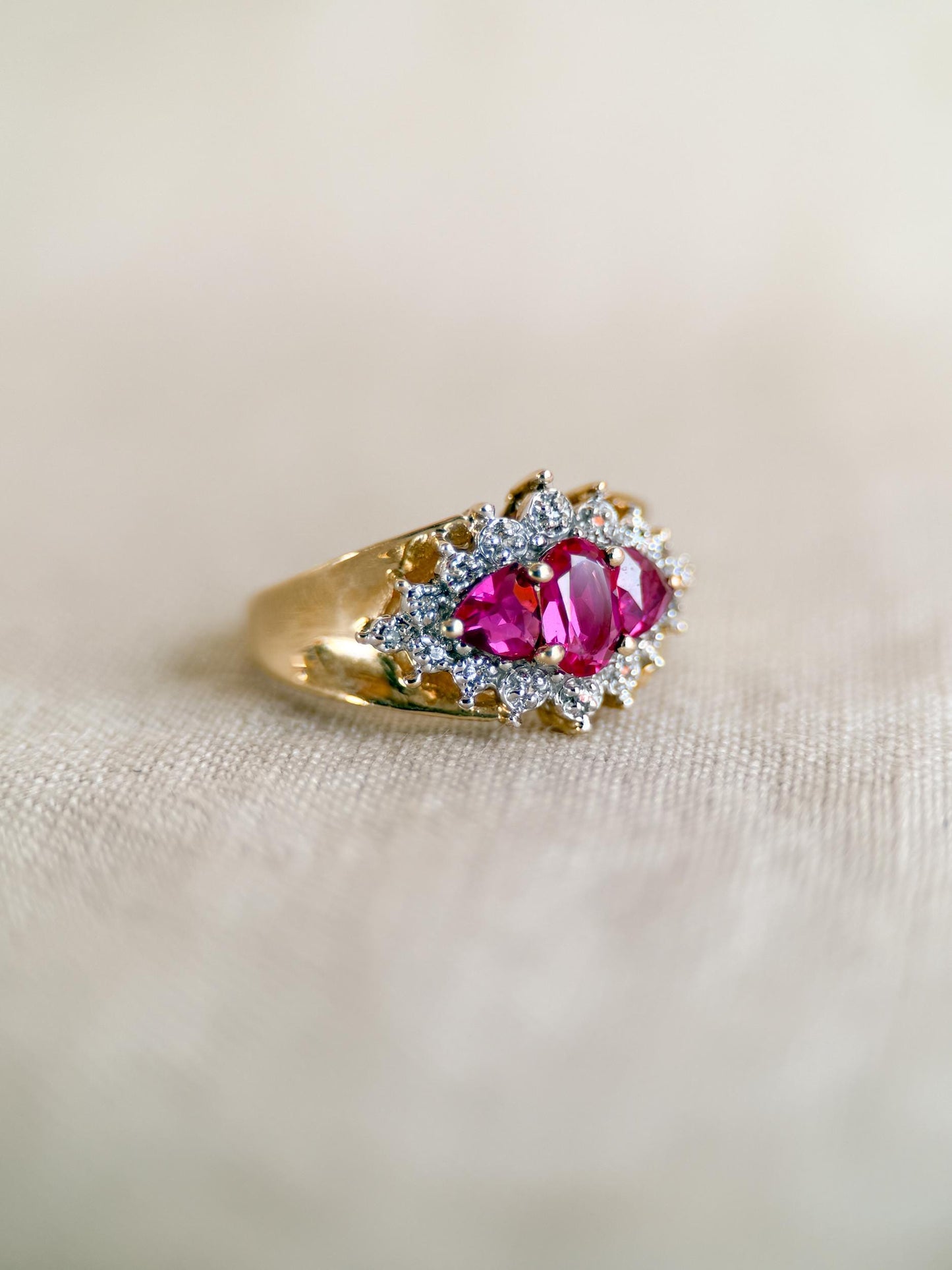 Vintage 1990s Three Stone Ruby & Diamond Ring, 10k Gold