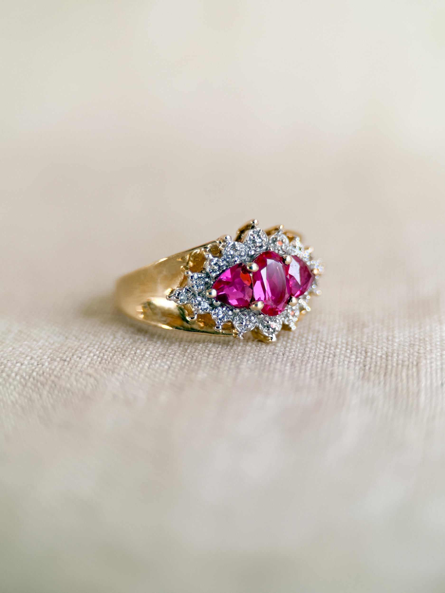 Vintage 1990s Three Stone Ruby & Diamond Ring, 10k Gold