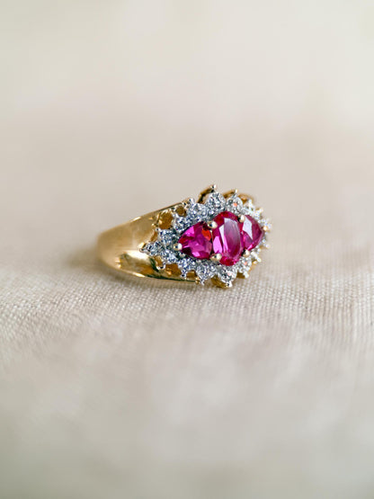 Vintage 1990s Three Stone Ruby & Diamond Ring, 10k Gold