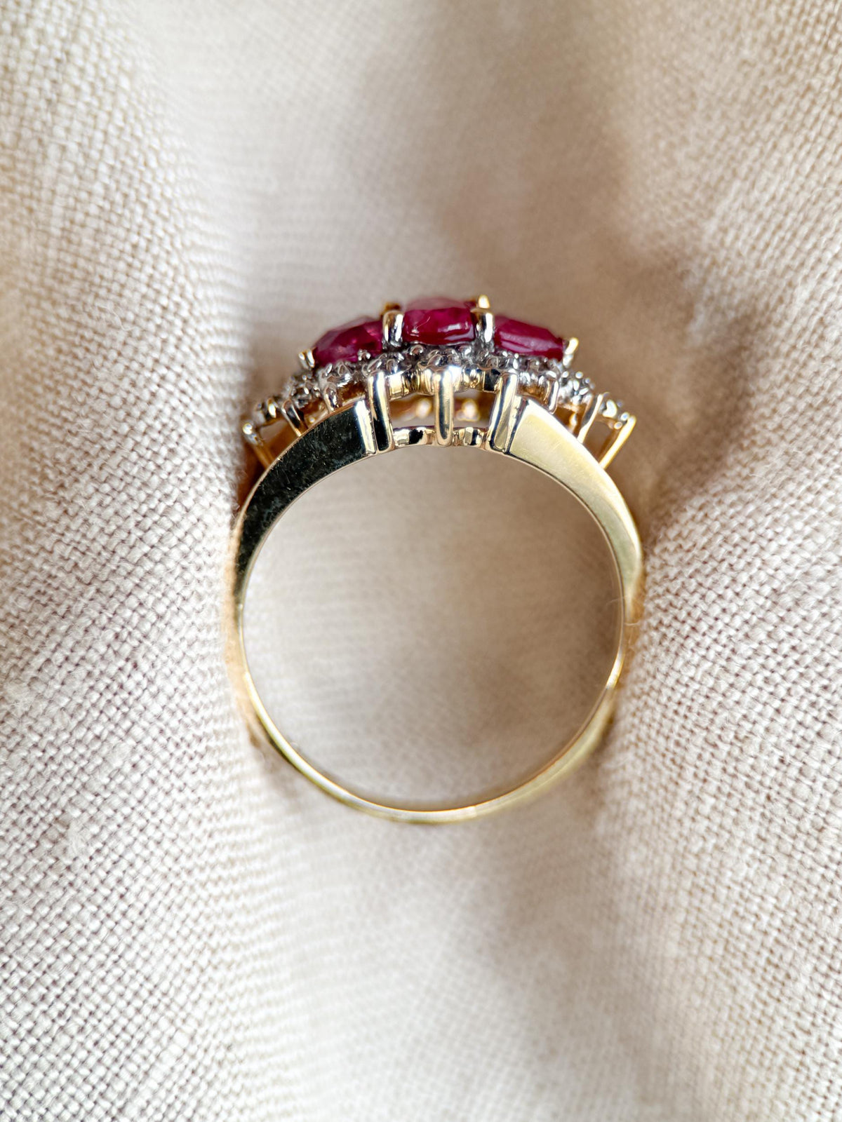 Vintage 1990s Three Stone Ruby & Diamond Ring, 10k Gold