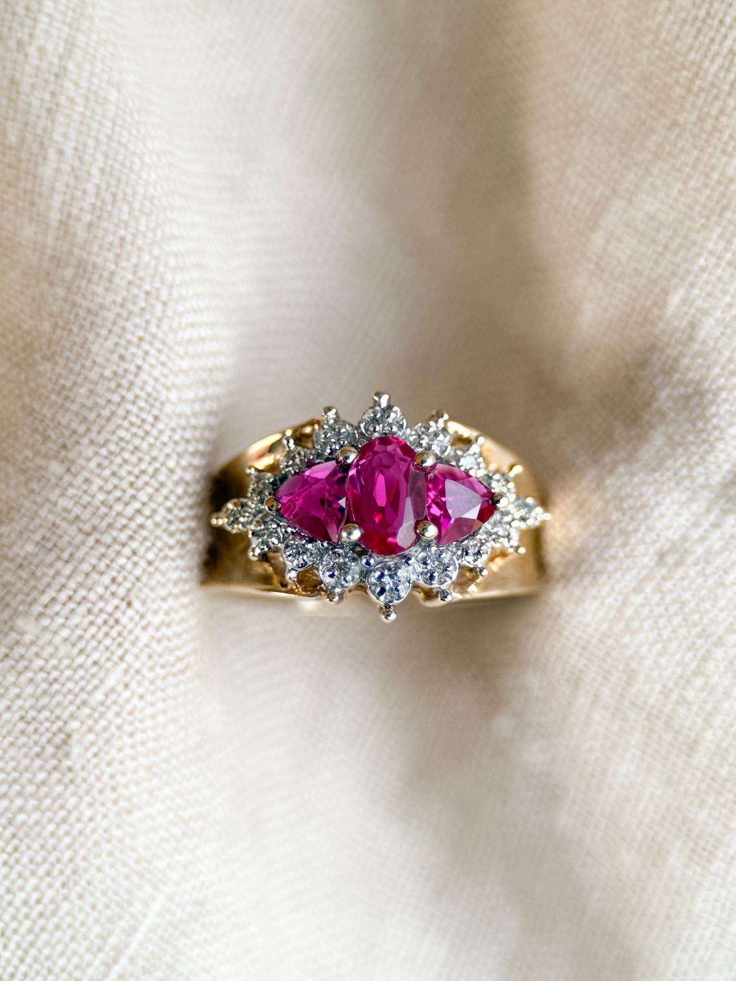 Vintage 1990s Three Stone Ruby & Diamond Ring, 10k Gold