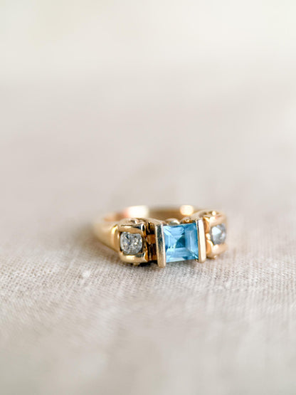 Vintage 1990s Blue Topaz & Diamond Ring, 14k Gold