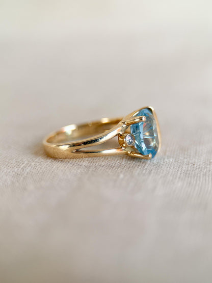 Vintage 1990s Blue Topaz & Diamond Ring, 14k Gold