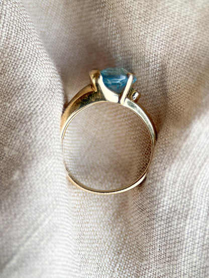 Vintage 1990s Blue Topaz & Diamond Ring, 14k Gold