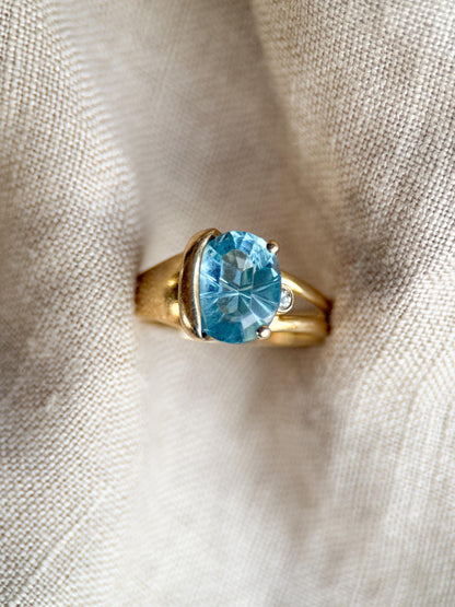 Vintage 1990s Blue Topaz & Diamond Ring, 14k Gold