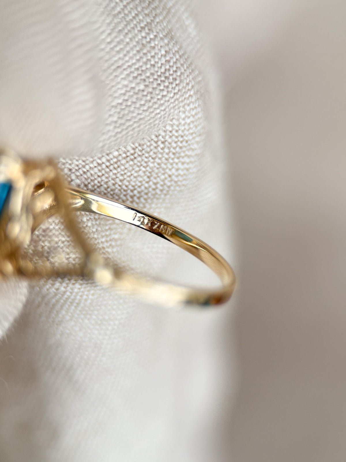 Vintage 1990s Blue Topaz Filigree Gemstone Ring, 14k Gold