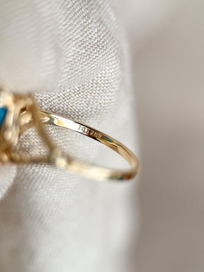 Vintage 1990s Blue Topaz Filigree Gemstone Ring, 14k Gold