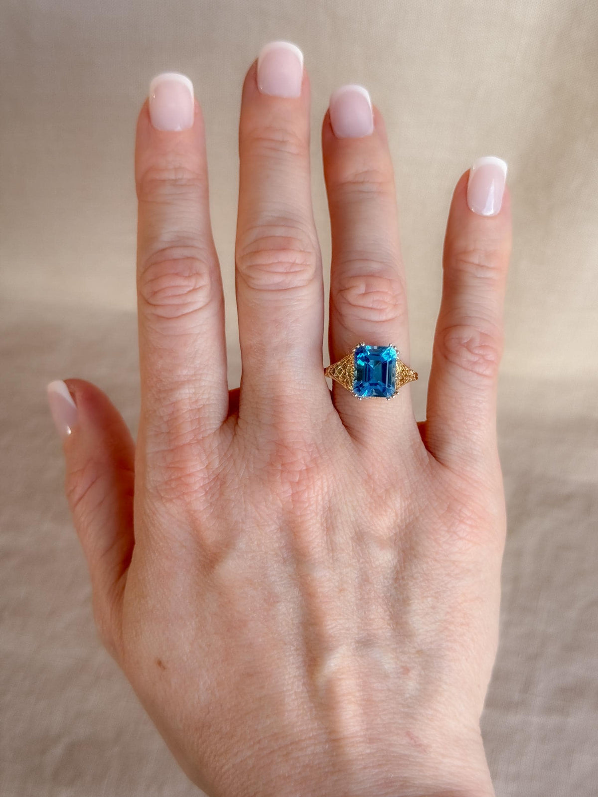 Vintage 1990s Blue Topaz Filigree Gemstone Ring, 14k Gold