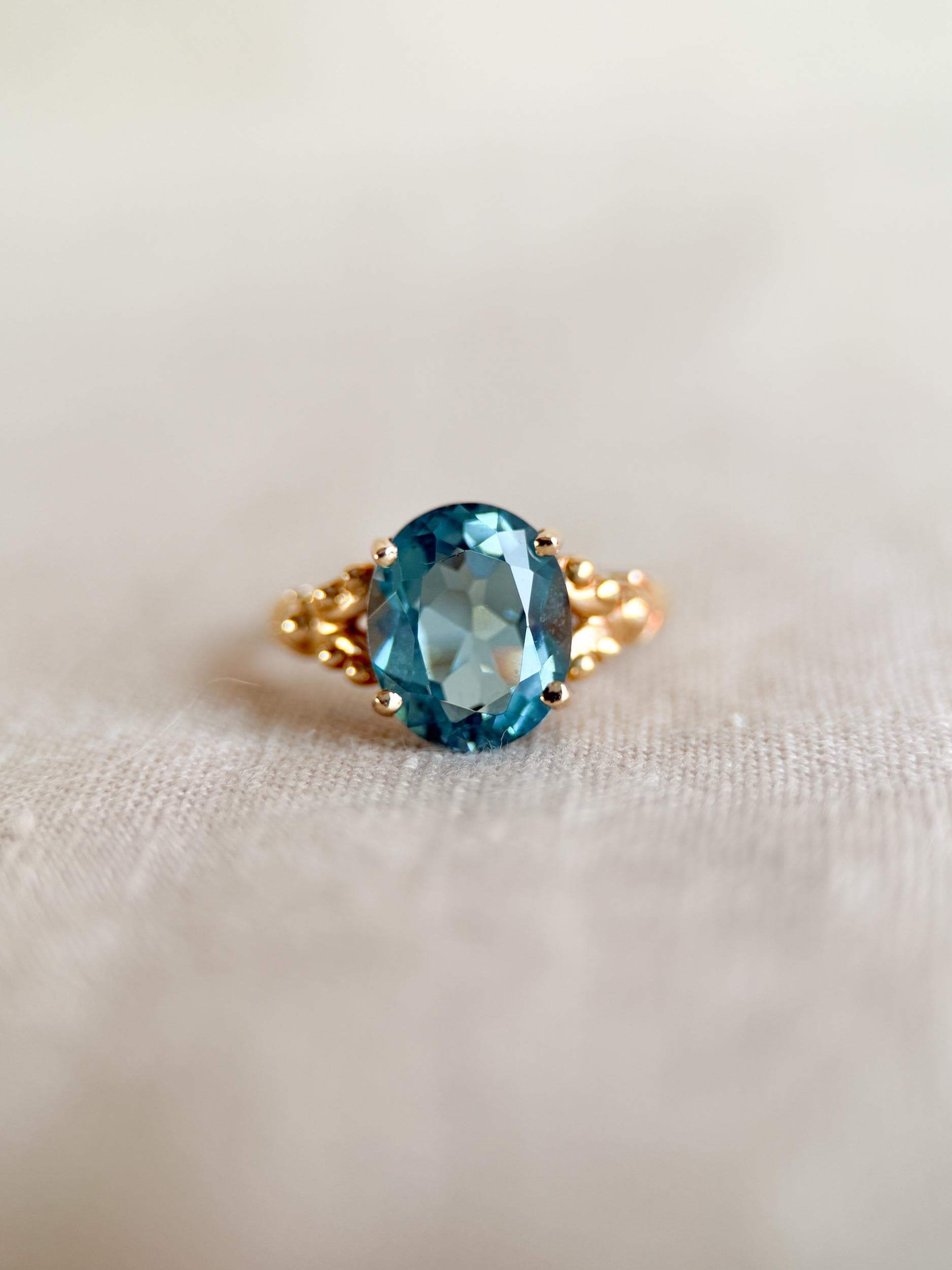 Vintage 1990s Blue Topaz Filigree Gemstone Ring, 14k Gold