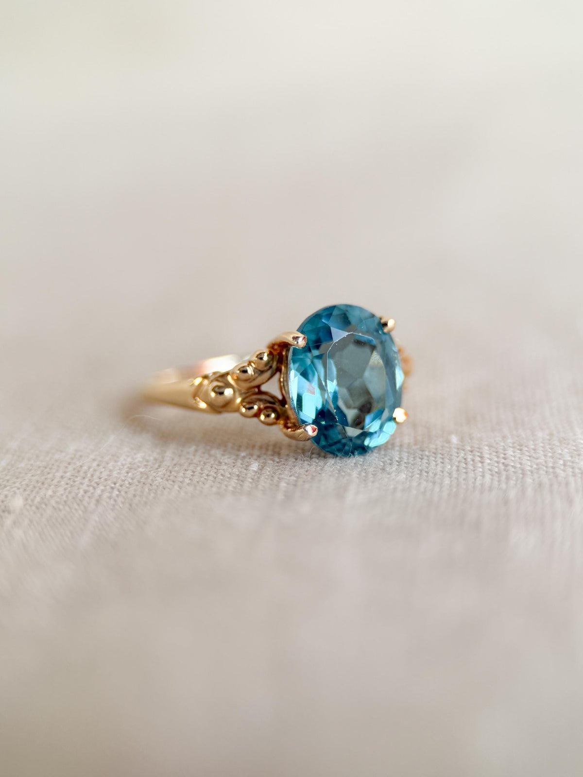 Vintage 1990s Blue Topaz Filigree Gemstone Ring, 14k Gold
