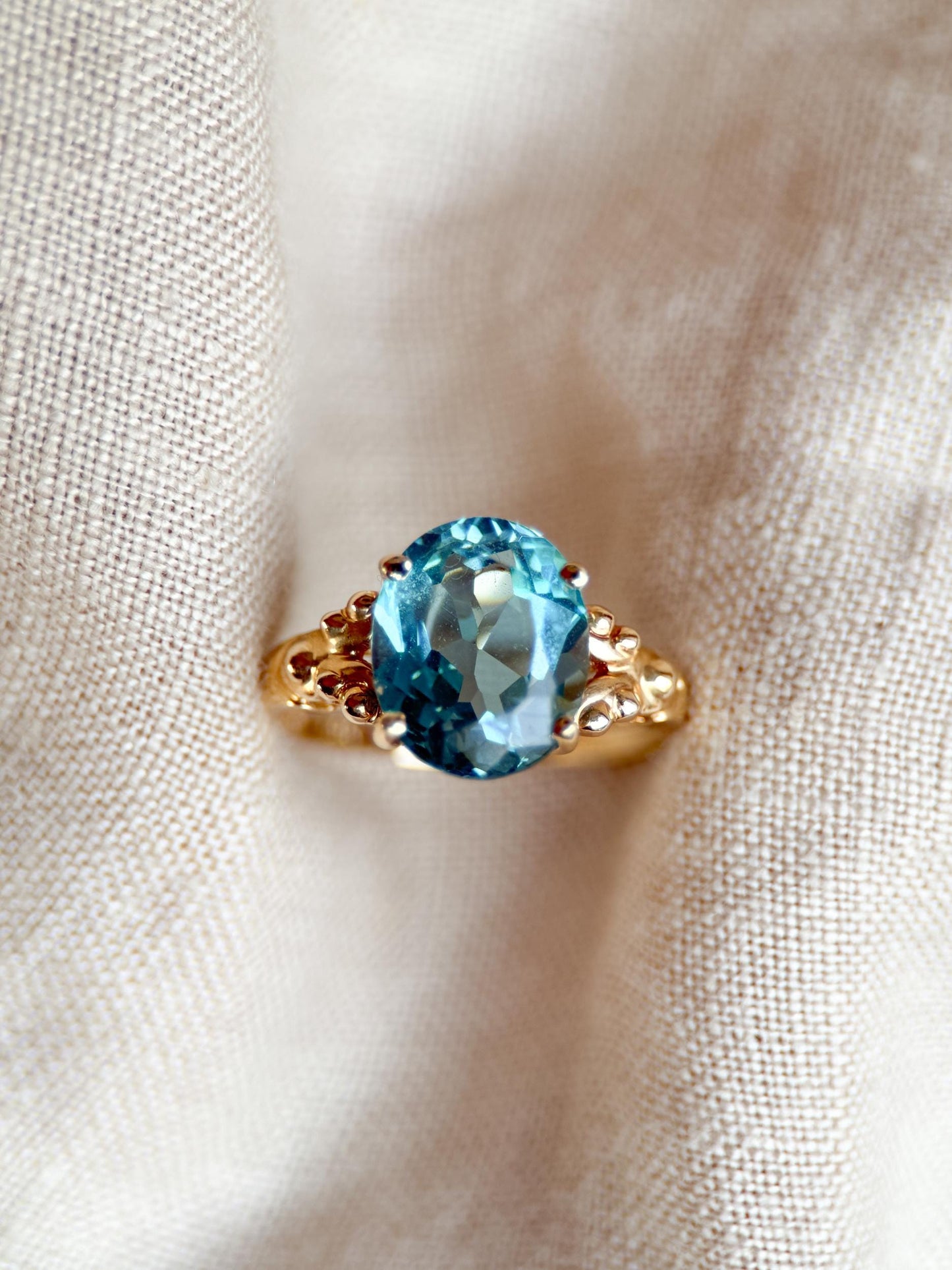 Vintage 1990s Blue Topaz Filigree Gemstone Ring, 14k Gold