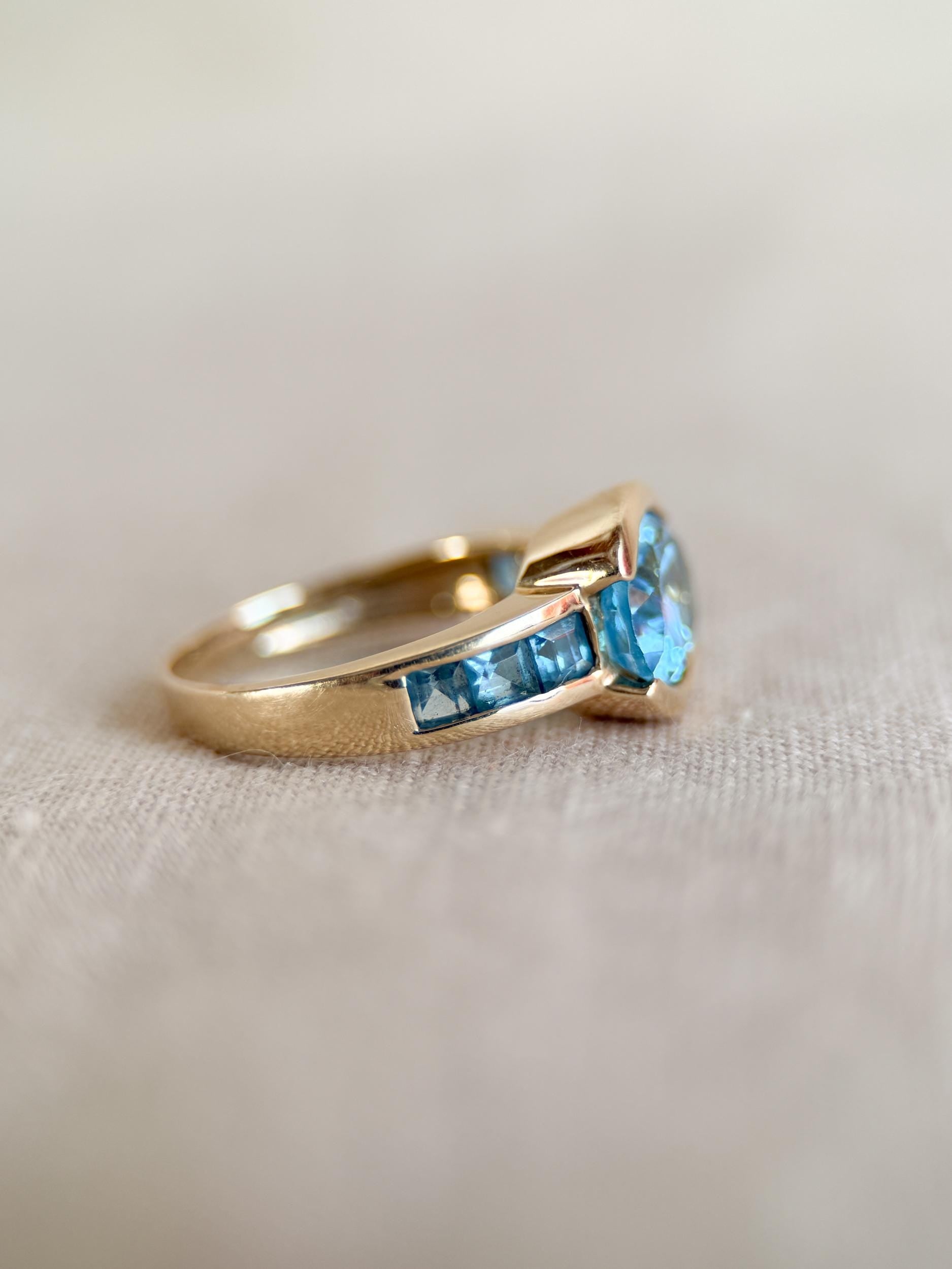 Vintage 1990s Blue Topaz Channel Gemstone Ring, 14k Gold