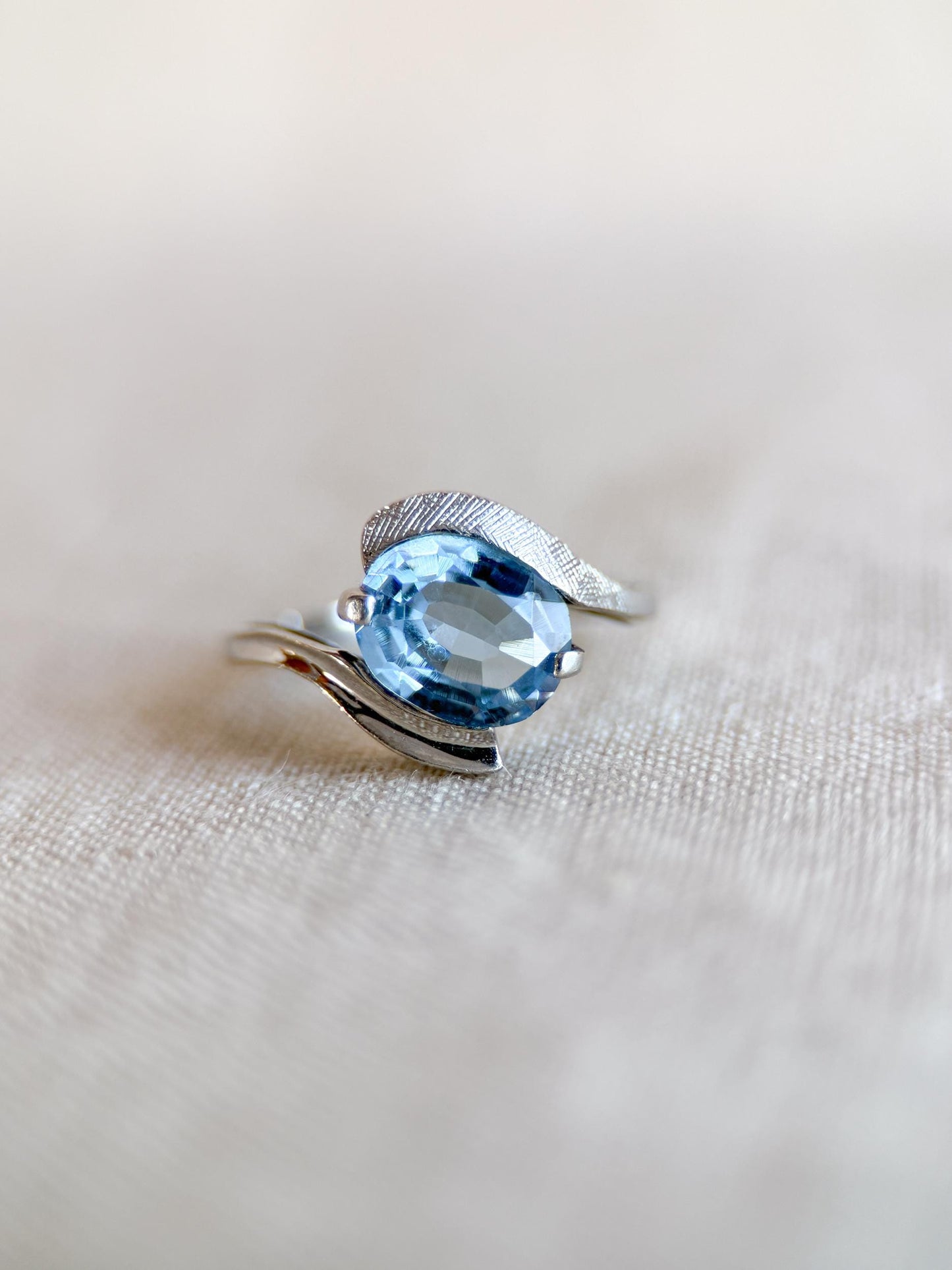 Vintage Spinel Engagement Ring, Oval Cut, 10k White Gold, 1960s Mid-Century Swirl Bridal Ring