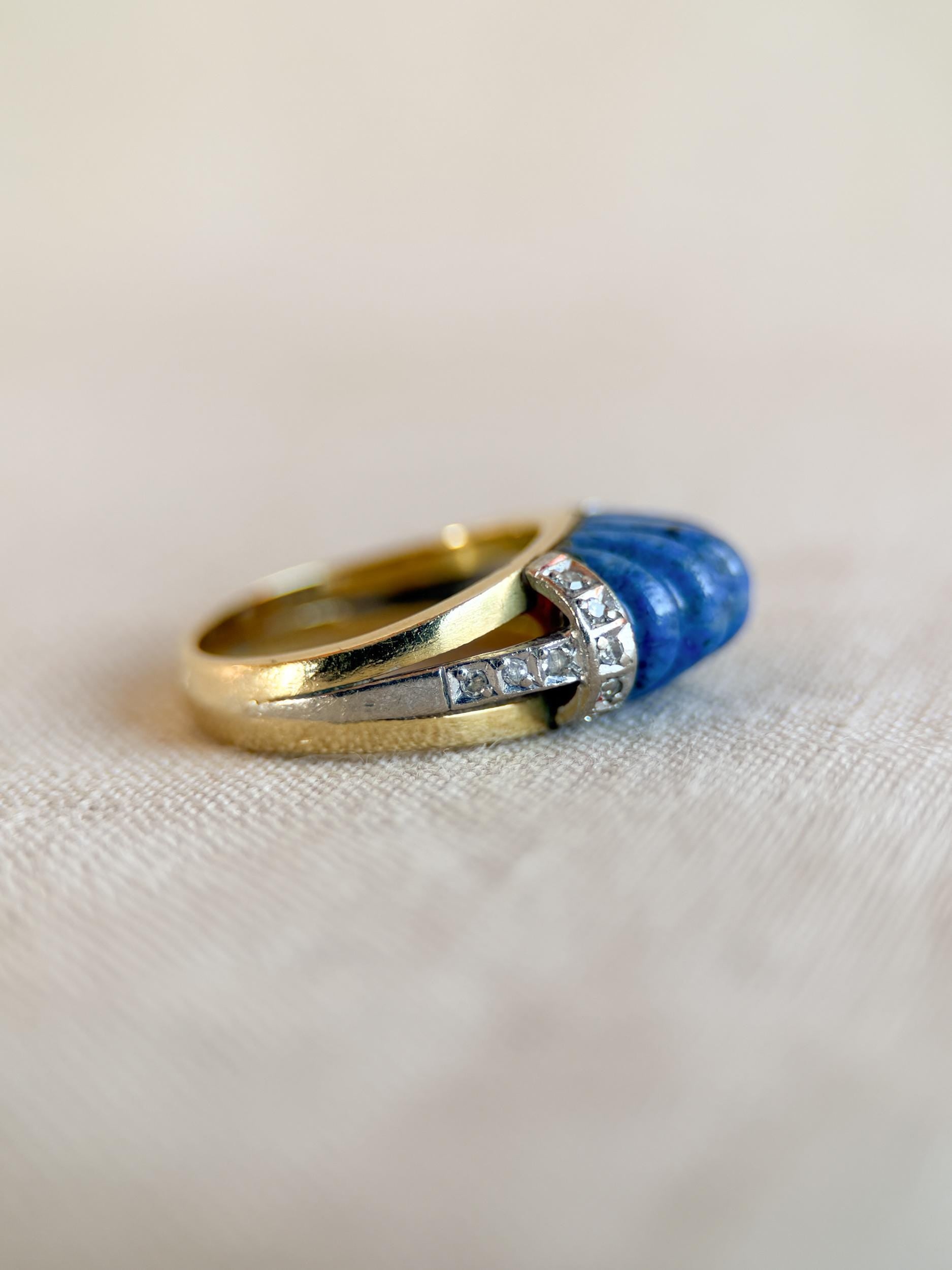 Vintage 1950s Lapis Lazuli & Diamond Ring in 18k Gold