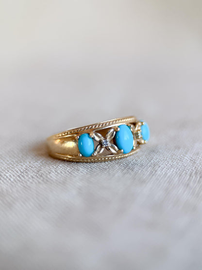 Vintage 1990s Blue Turquoise & Diamond Ring in 14k Gold