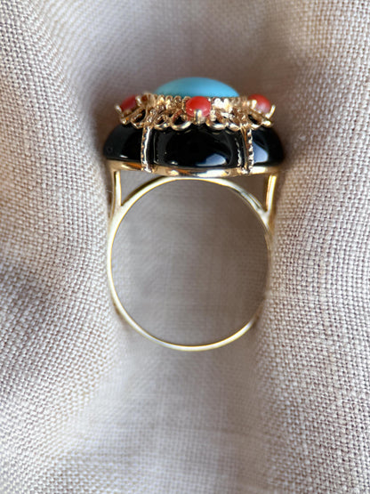 Vintage 1990s Blue Turquoise & Onyx Ring in 14k Gold