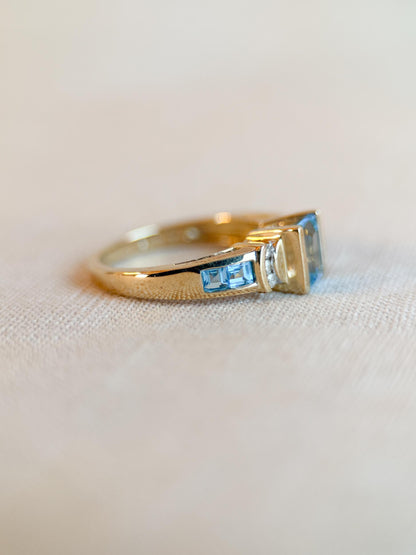 Vintage 1990s Blue Topaz & Diamond Ring, 10k Gold