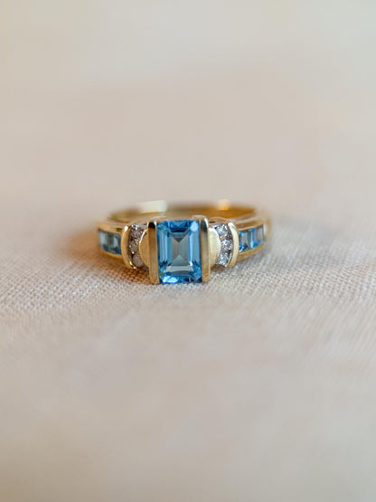 Vintage 1990s Blue Topaz & Diamond Ring, 10k Gold