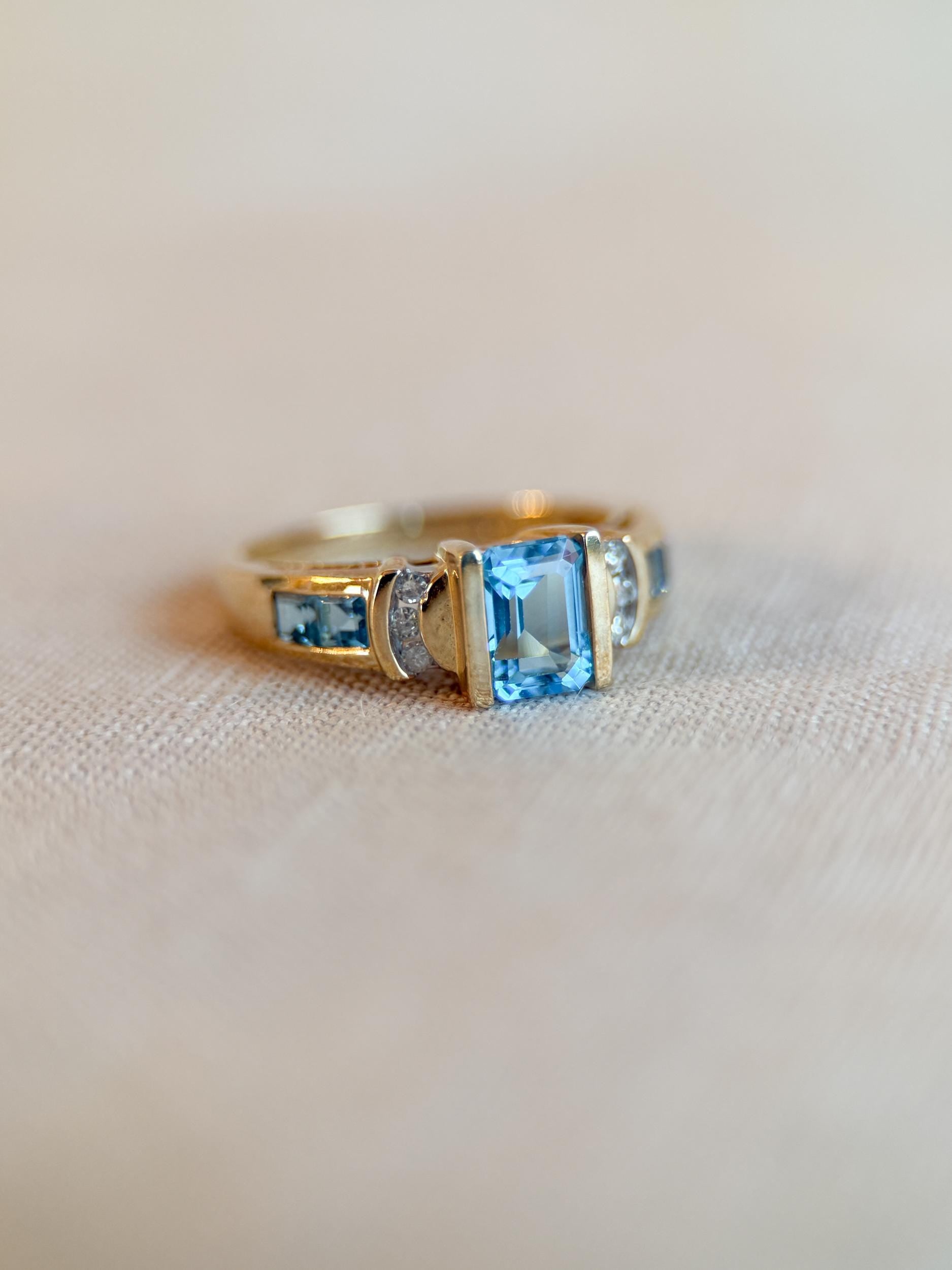 Vintage 1990s Blue Topaz & Diamond Ring, 10k Gold