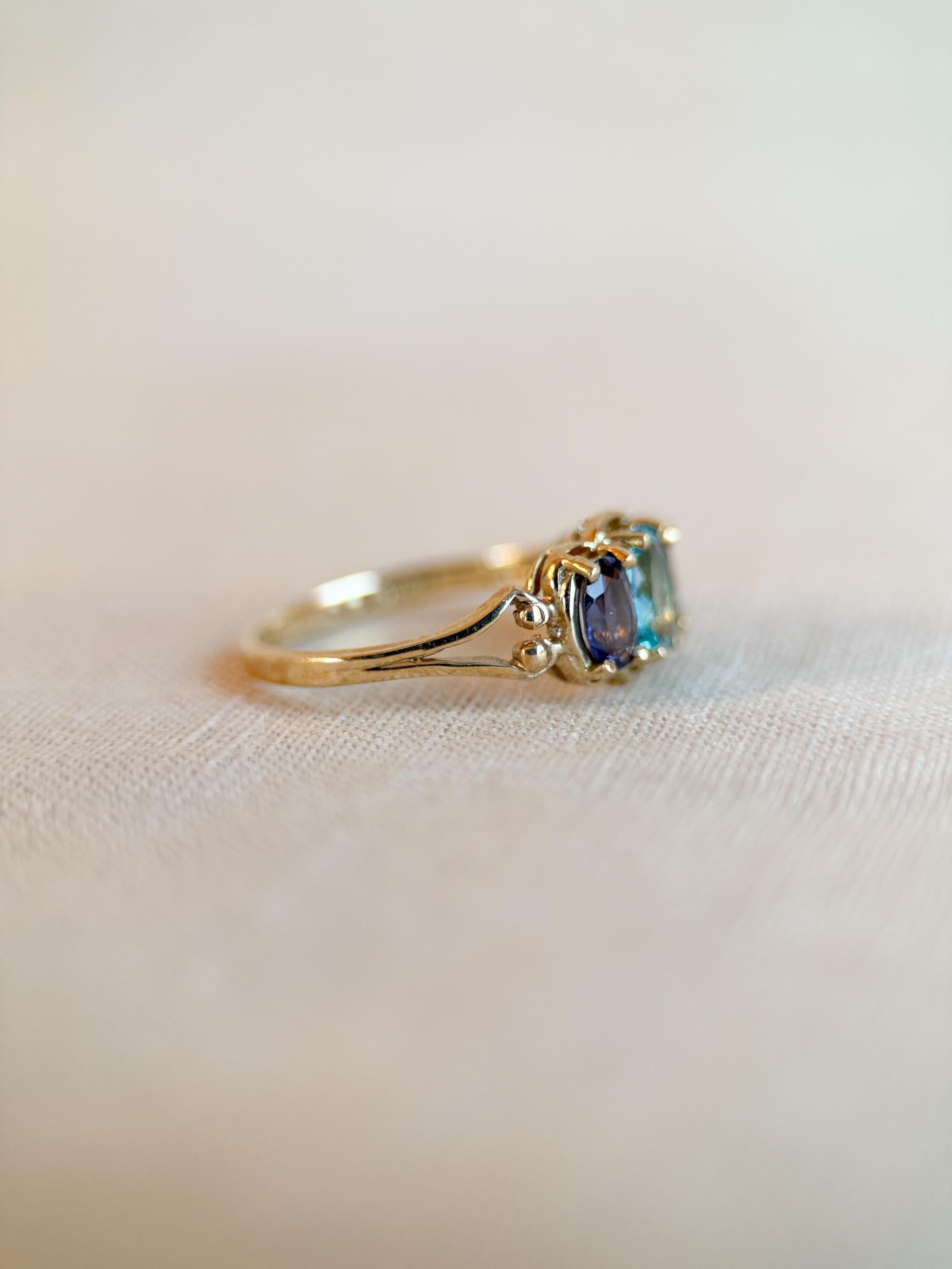 Vintage 1970s Tourmaline & Iolite Three Stone Ring, 10k Gold