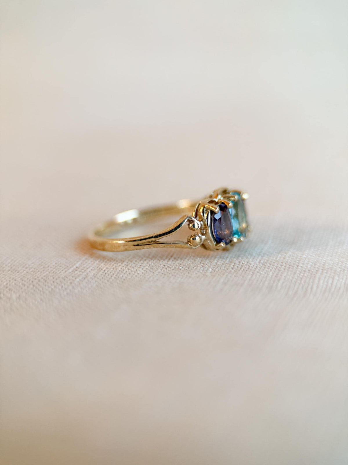 Vintage 1970s Tourmaline & Iolite Three Stone Ring, 10k Gold