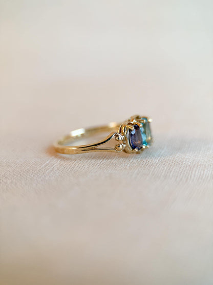 Vintage 1970s Tourmaline & Iolite Three Stone Ring, 10k Gold