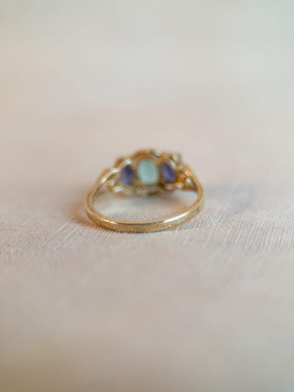 Vintage 1970s Tourmaline & Iolite Three Stone Ring, 10k Gold