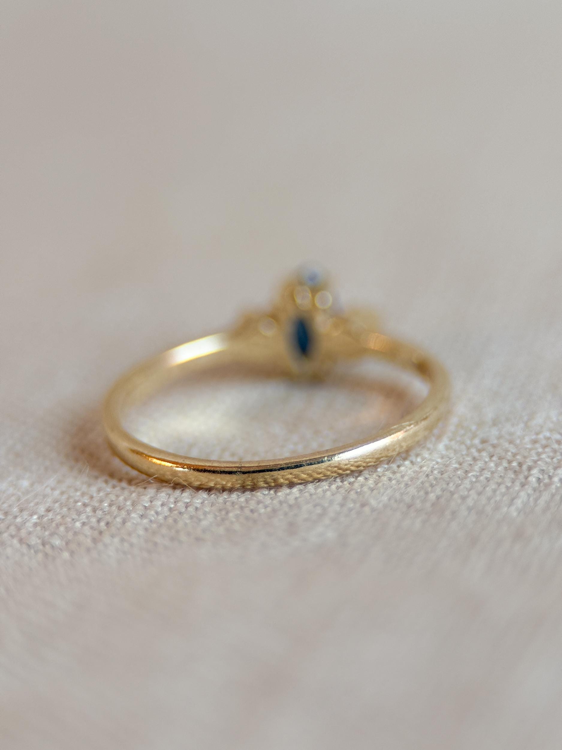 Vintage 1990s Marquise Blue Sapphire Dainty Ring, 14k Gold