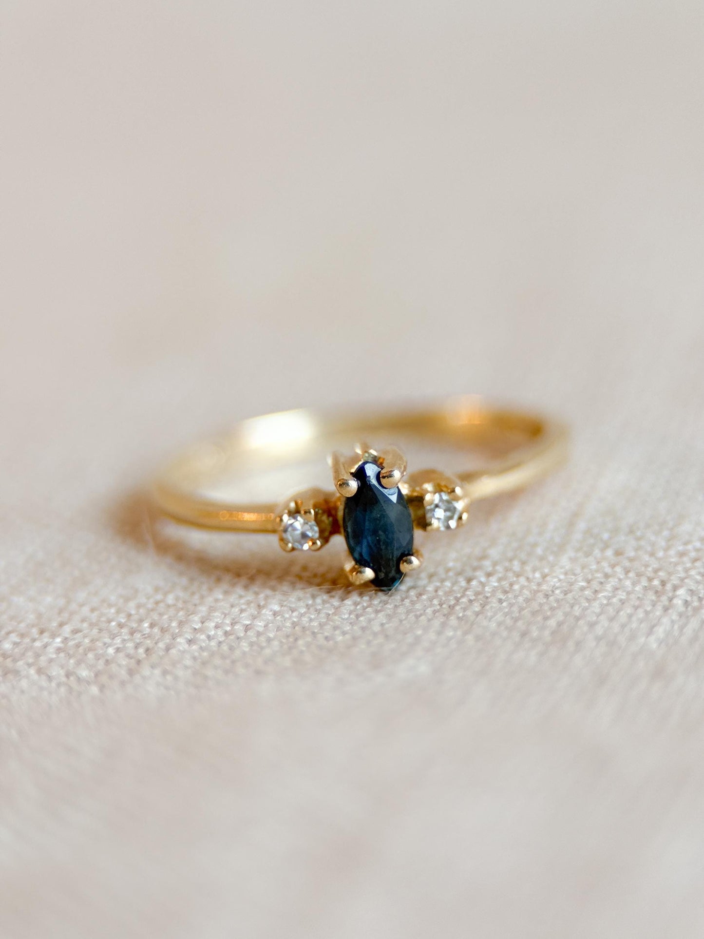 Vintage 1990s Marquise Blue Sapphire Dainty Ring, 14k Gold