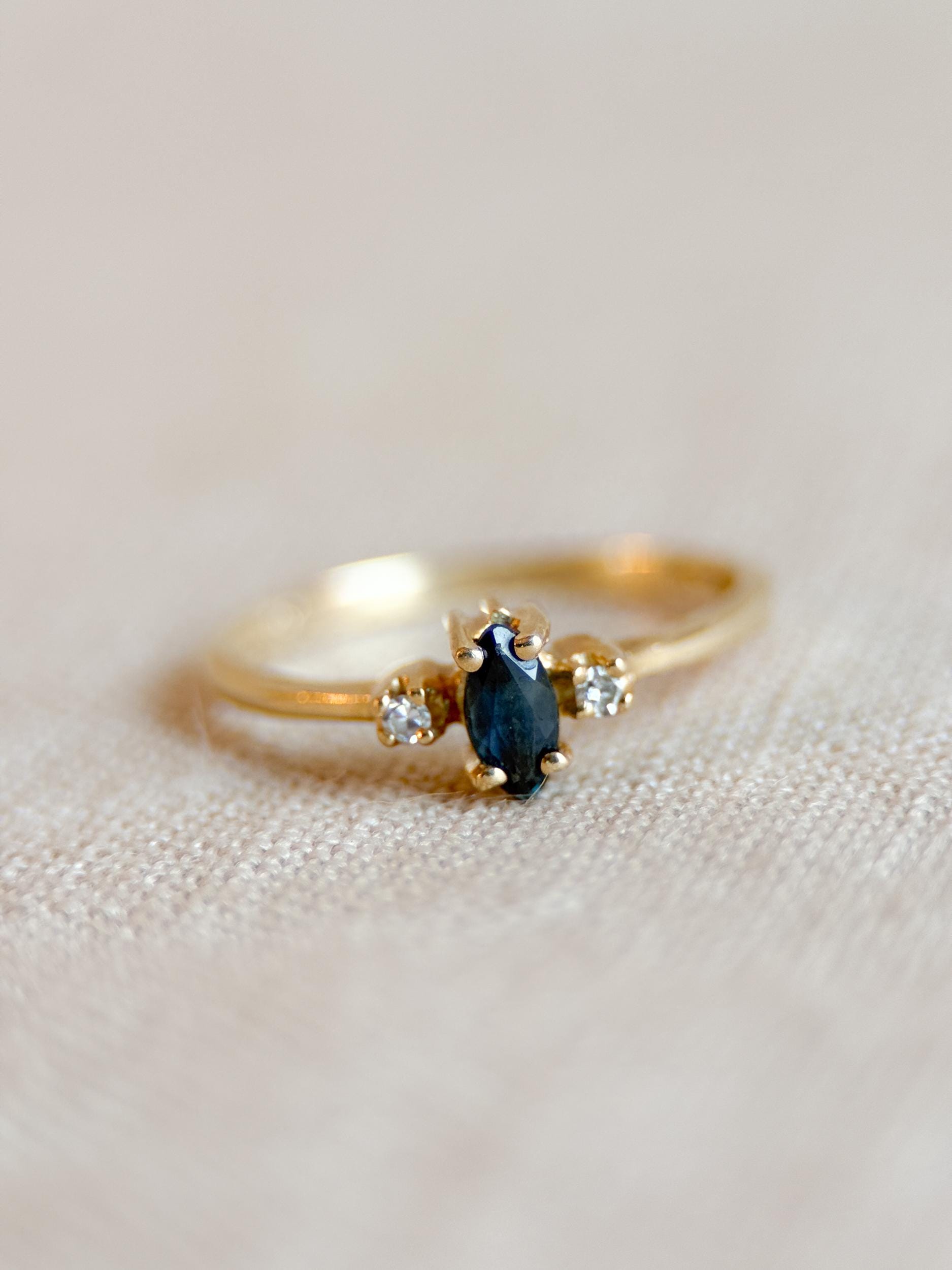 Vintage 1990s Marquise Blue Sapphire Dainty Ring, 14k Gold