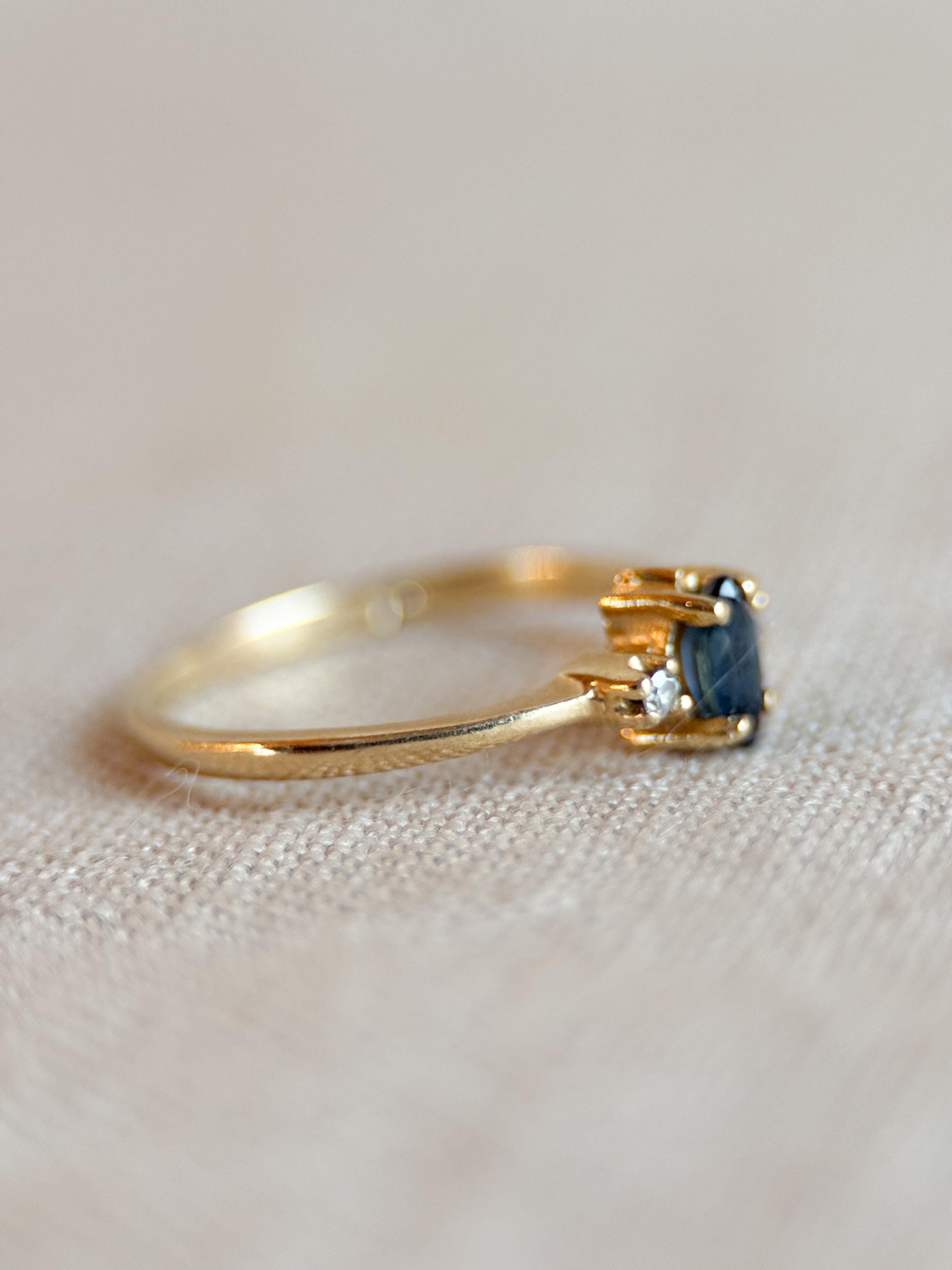 Vintage 1990s Marquise Blue Sapphire Dainty Ring, 14k Gold