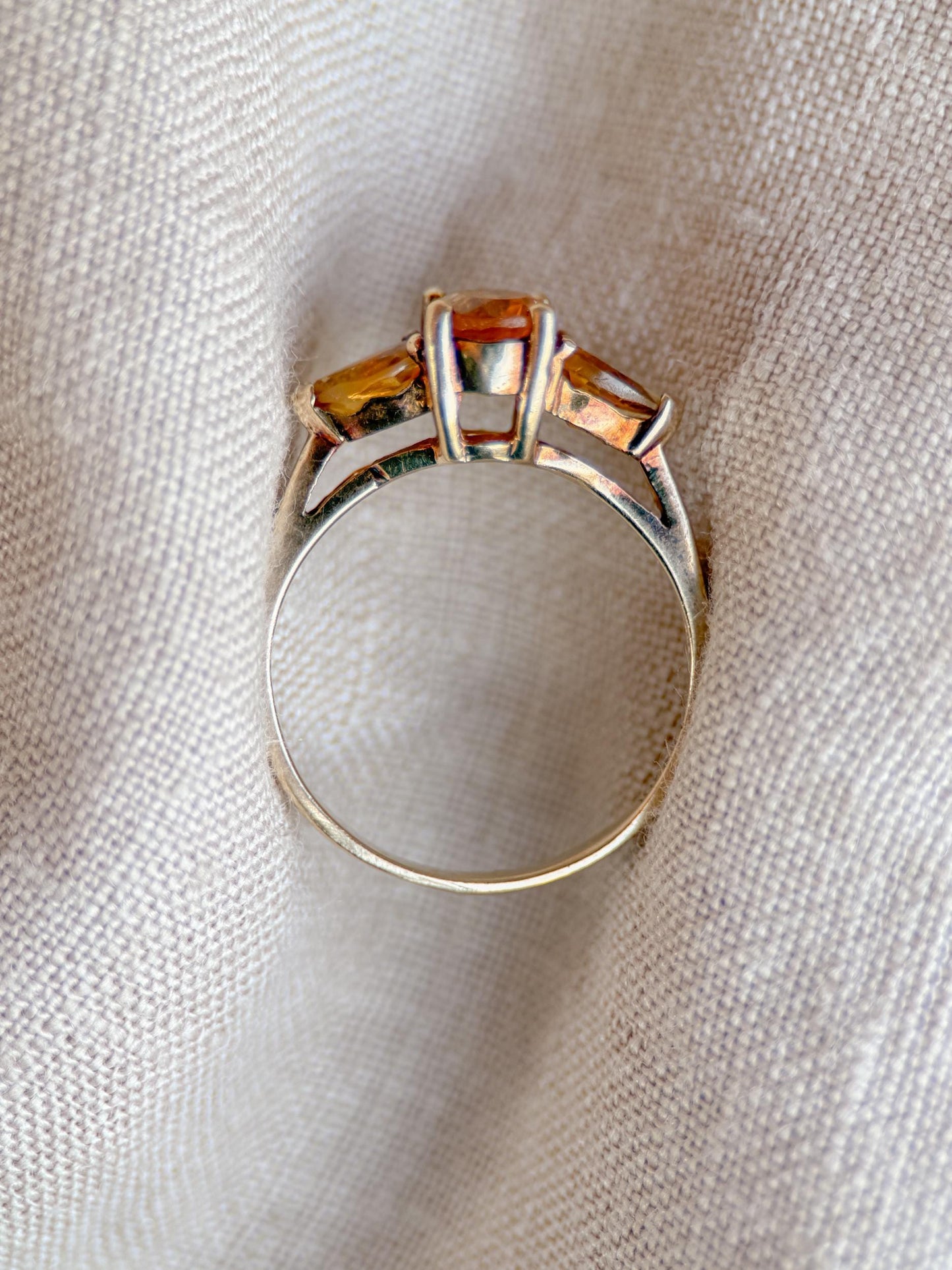 Vintage 1970s Three Stone Citrine Ring in 10k Gold