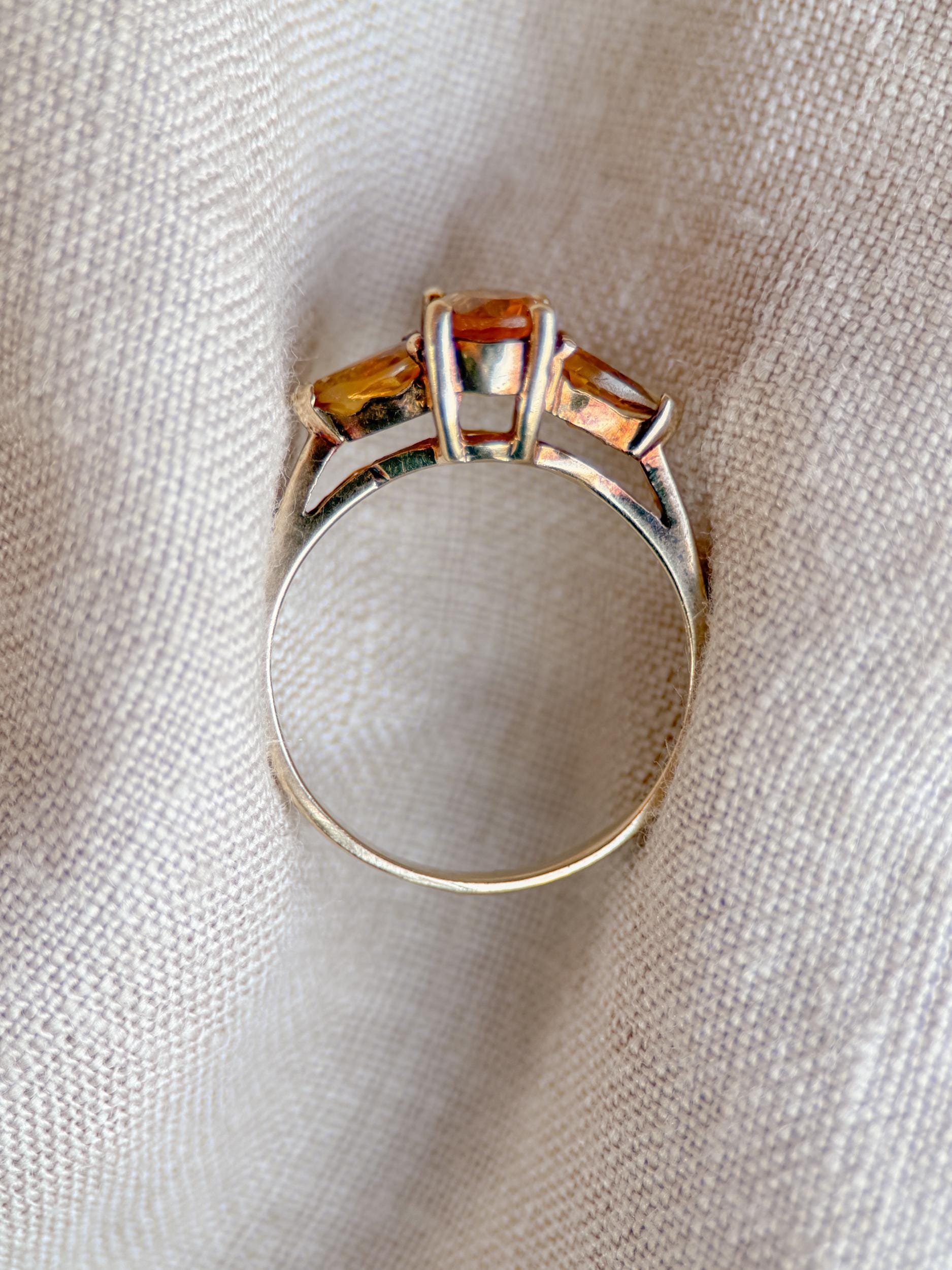 Vintage 1970s Three Stone Citrine Ring in 10k Gold