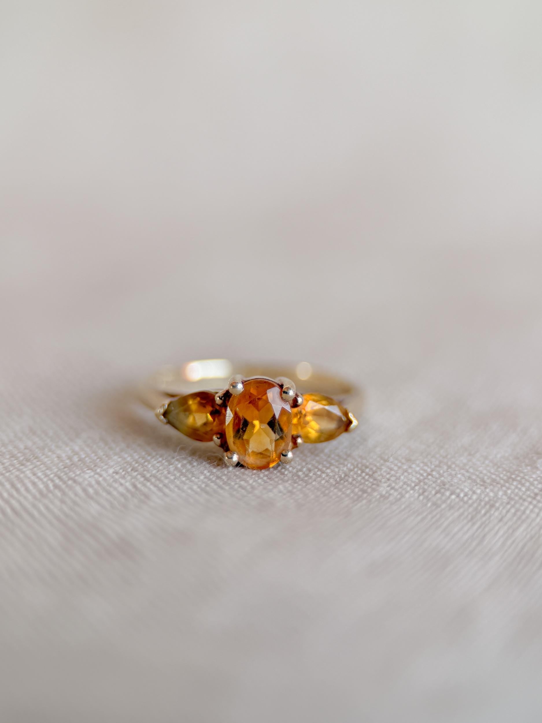 Vintage 1970s Three Stone Citrine Ring in 10k Gold