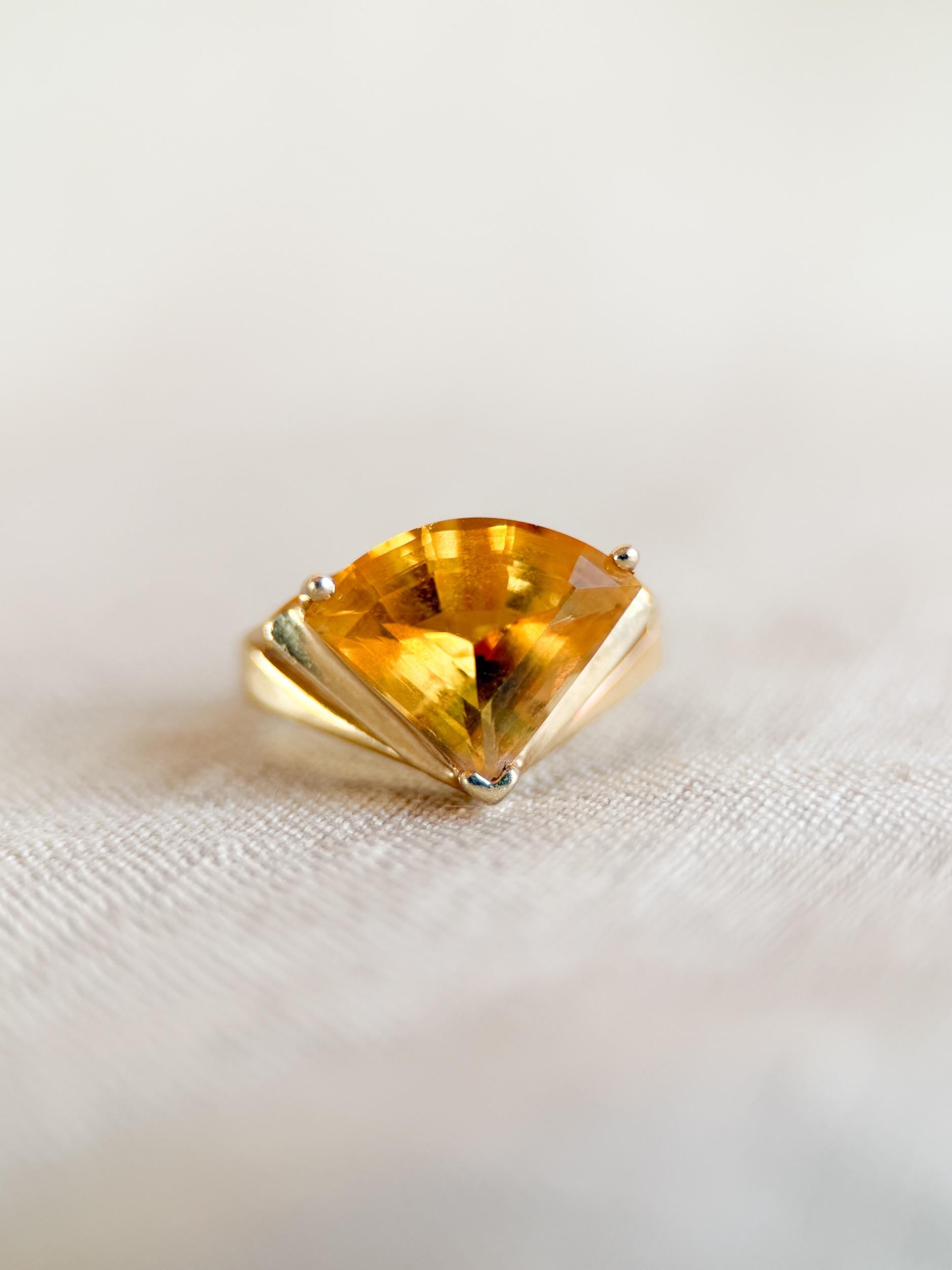 Vintage 1980s Geometric Citrine Cocktail Ring in 14k Gold - Timeless Sustainability • Vintage Fine Jewelry
