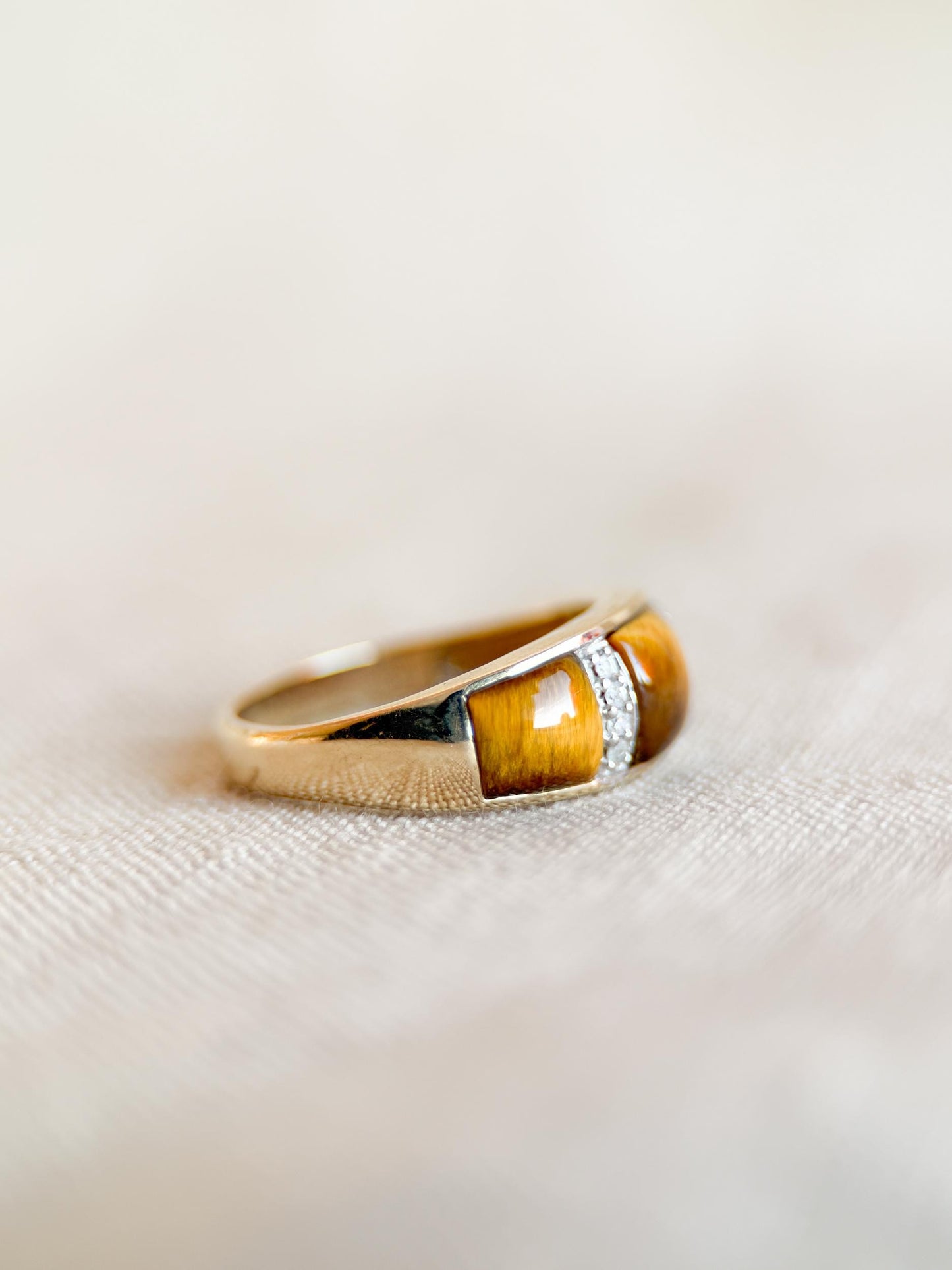 Vintage 1970s Cats Eye & Diamond Band in 10k Gold - Timeless Sustainability • Vintage Fine Jewelry