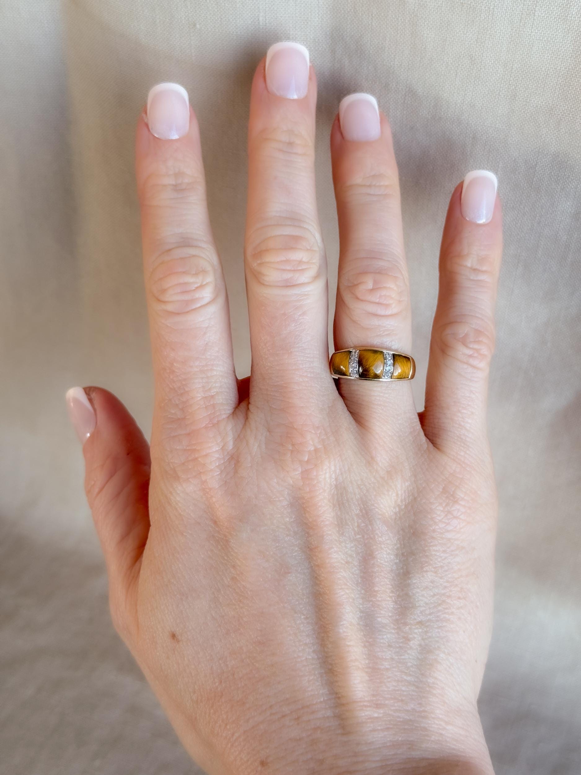 Vintage 1970s Cats Eye & Diamond Band in 10k Gold - Timeless Sustainability • Vintage Fine Jewelry