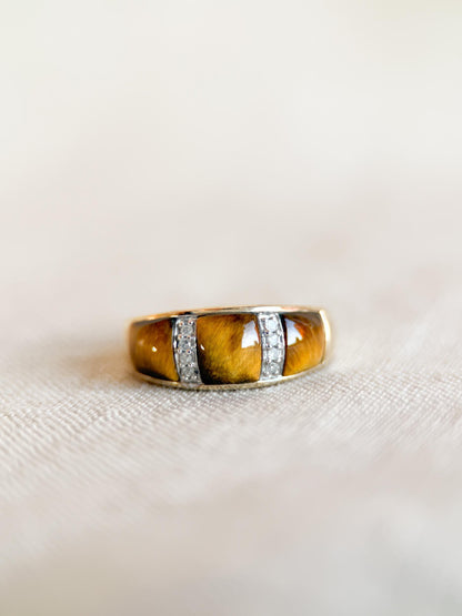 Vintage 1970s Cats Eye & Diamond Band in 10k Gold