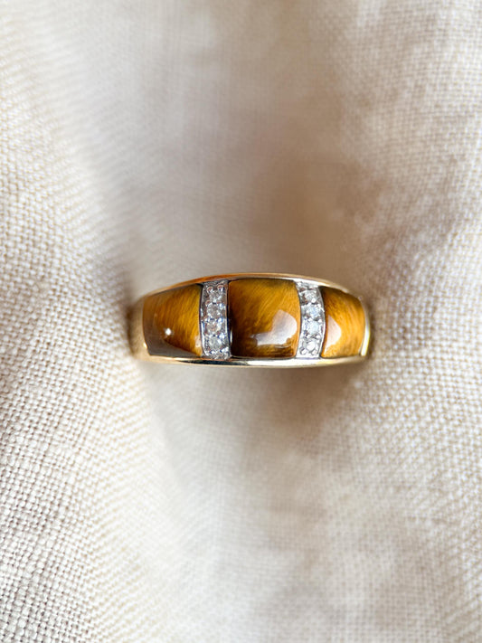 Vintage 1970s Cats Eye & Diamond Band in 10k Gold - Timeless Sustainability • Vintage Fine Jewelry