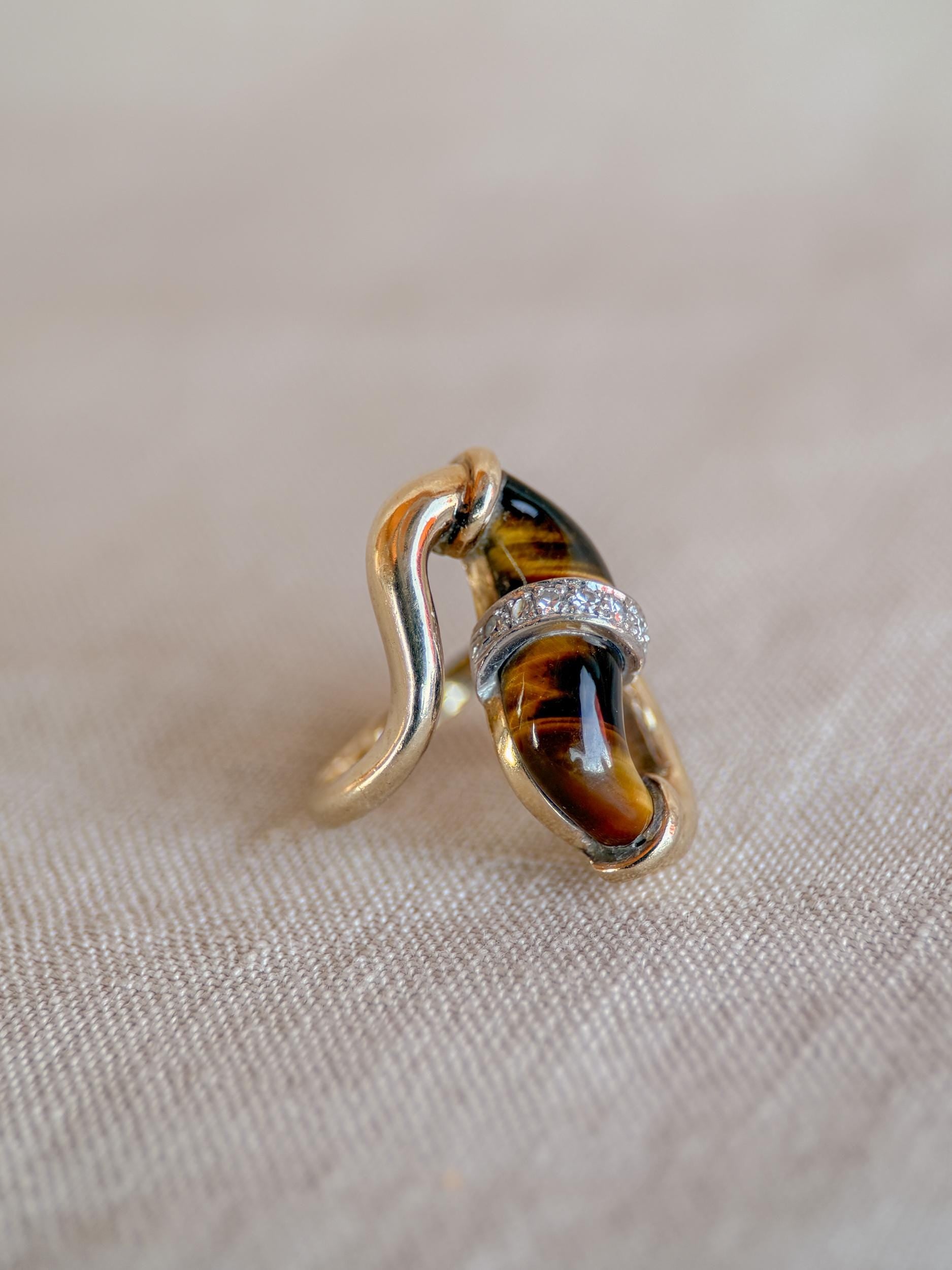 Vintage 1970s Cats Eye & Diamond Ring in 14k Gold - Timeless Sustainability • Vintage Fine Jewelry