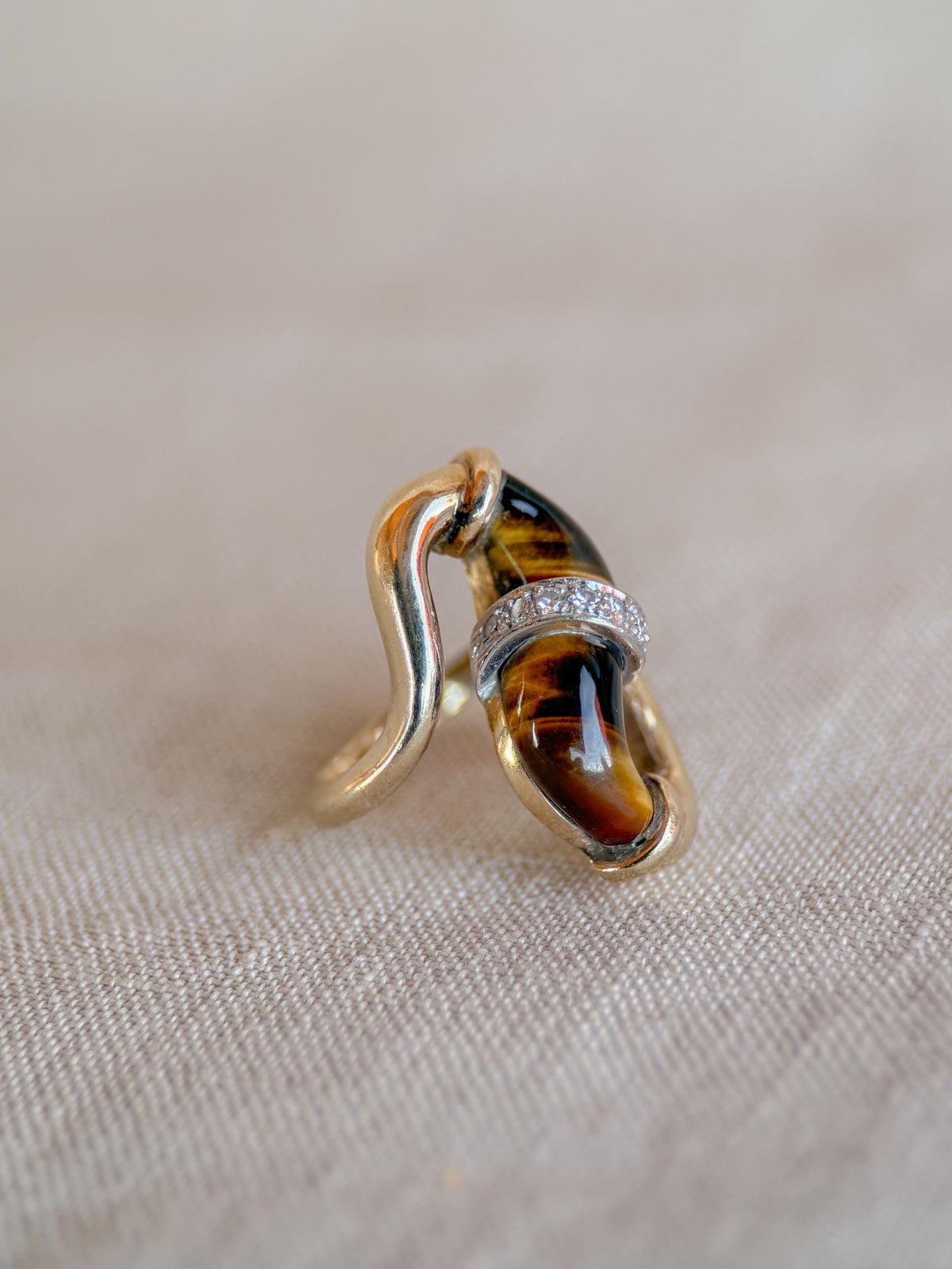 Vintage 1970s Cats Eye & Diamond Ring in 14k Gold