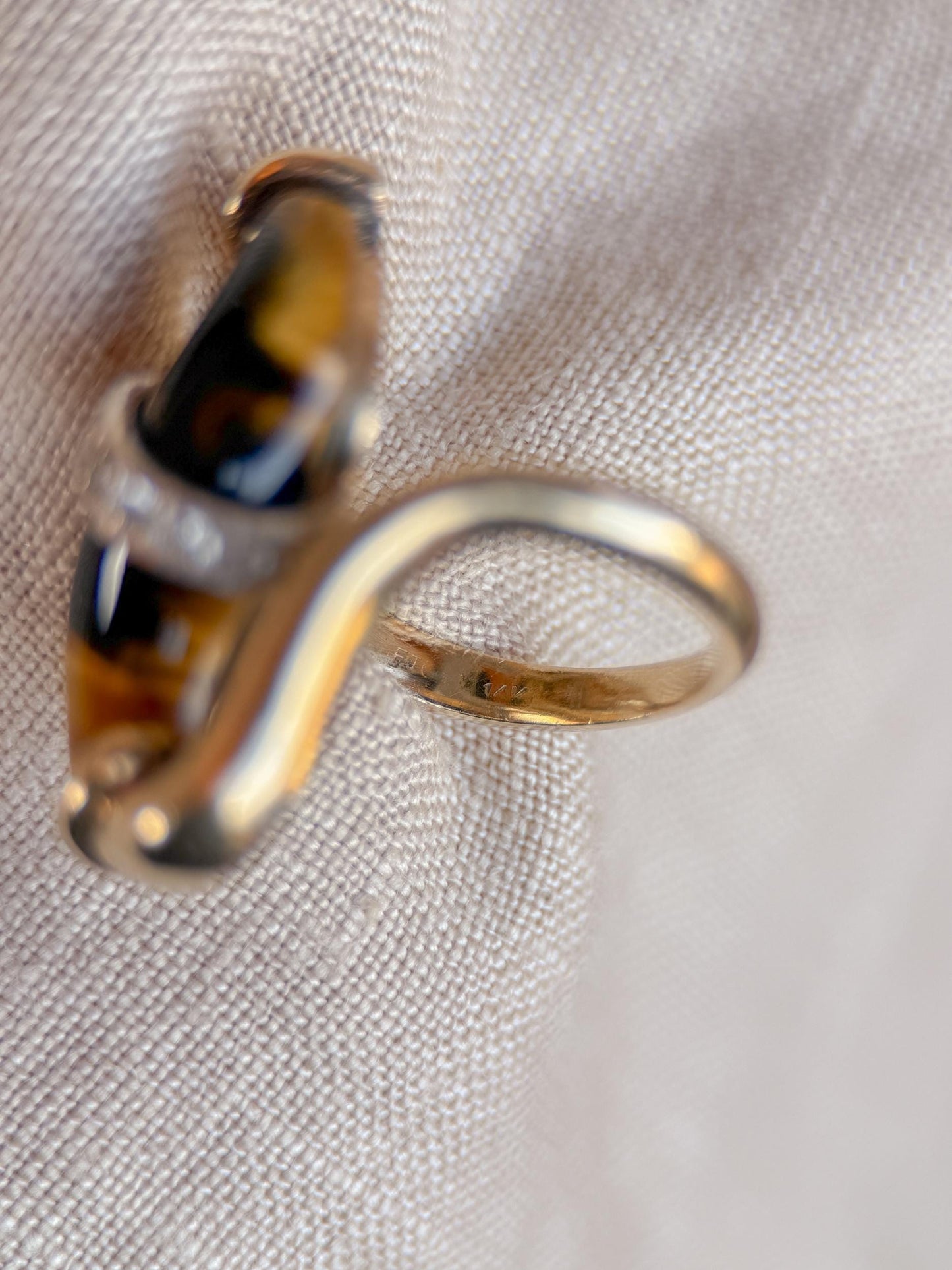 Vintage 1970s Cats Eye & Diamond Ring in 14k Gold - Timeless Sustainability • Vintage Fine Jewelry