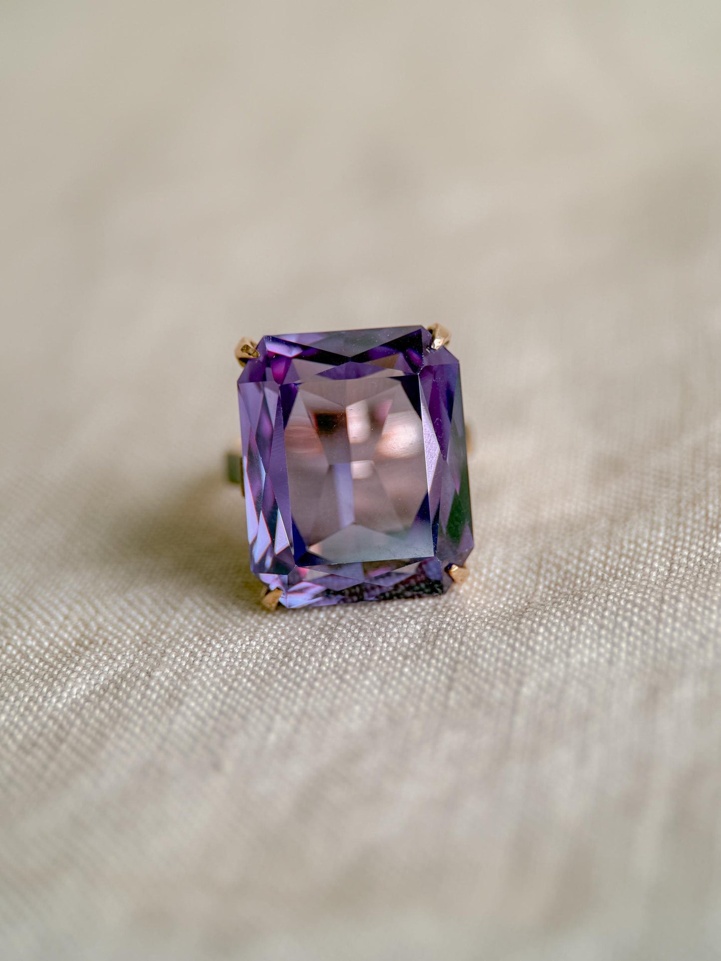 Vintage 1930s Emerald Cut Purple Sapphire Ring, 10k Gold - Timeless Sustainability • Vintage Fine Jewelry