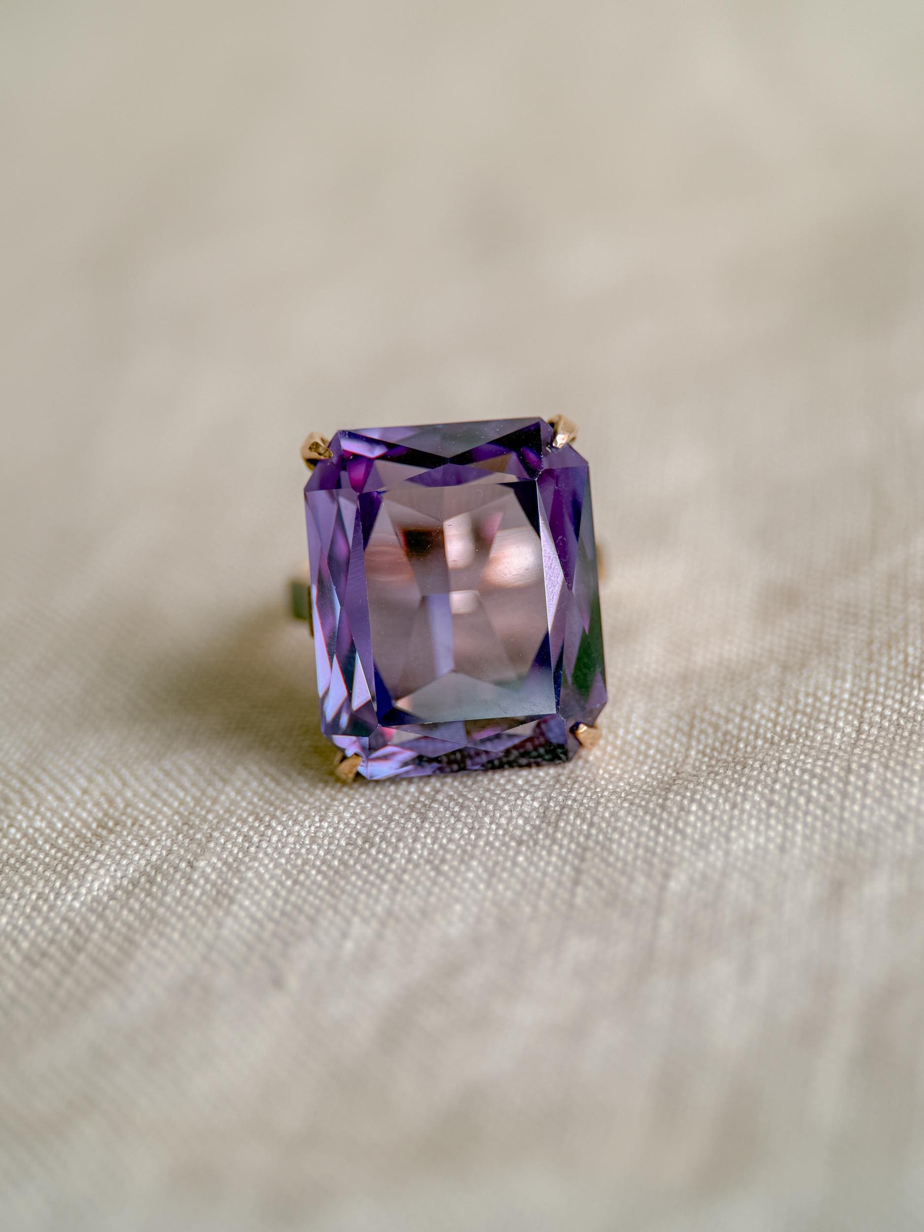 Vintage 1930s Emerald Cut Purple Sapphire Ring, 10k Gold - Timeless Sustainability • Vintage Fine Jewelry